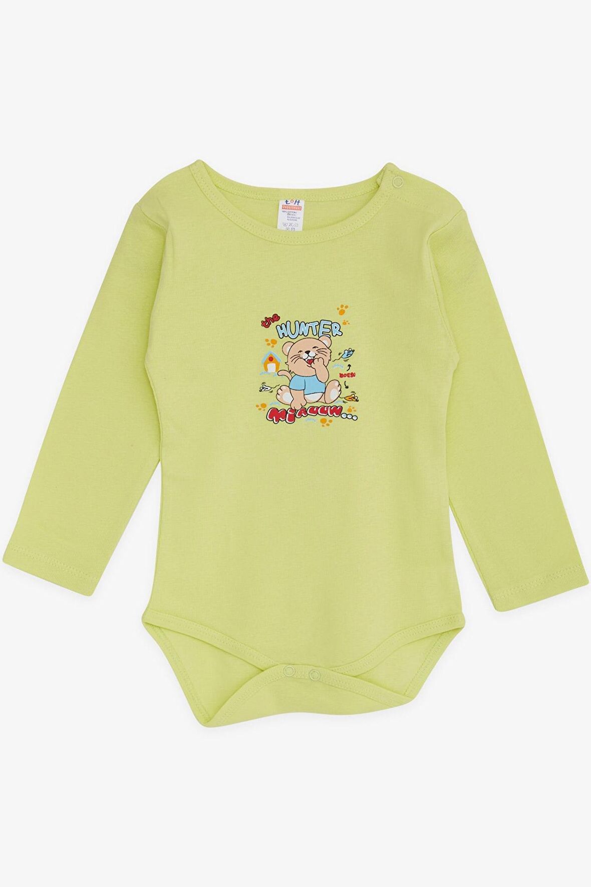 Breeze Erkek Bebek Çıtçıtlı Body Avcı Kedicik Baskılı 9 Ay-3 Yaş, Fıstık Yeşili