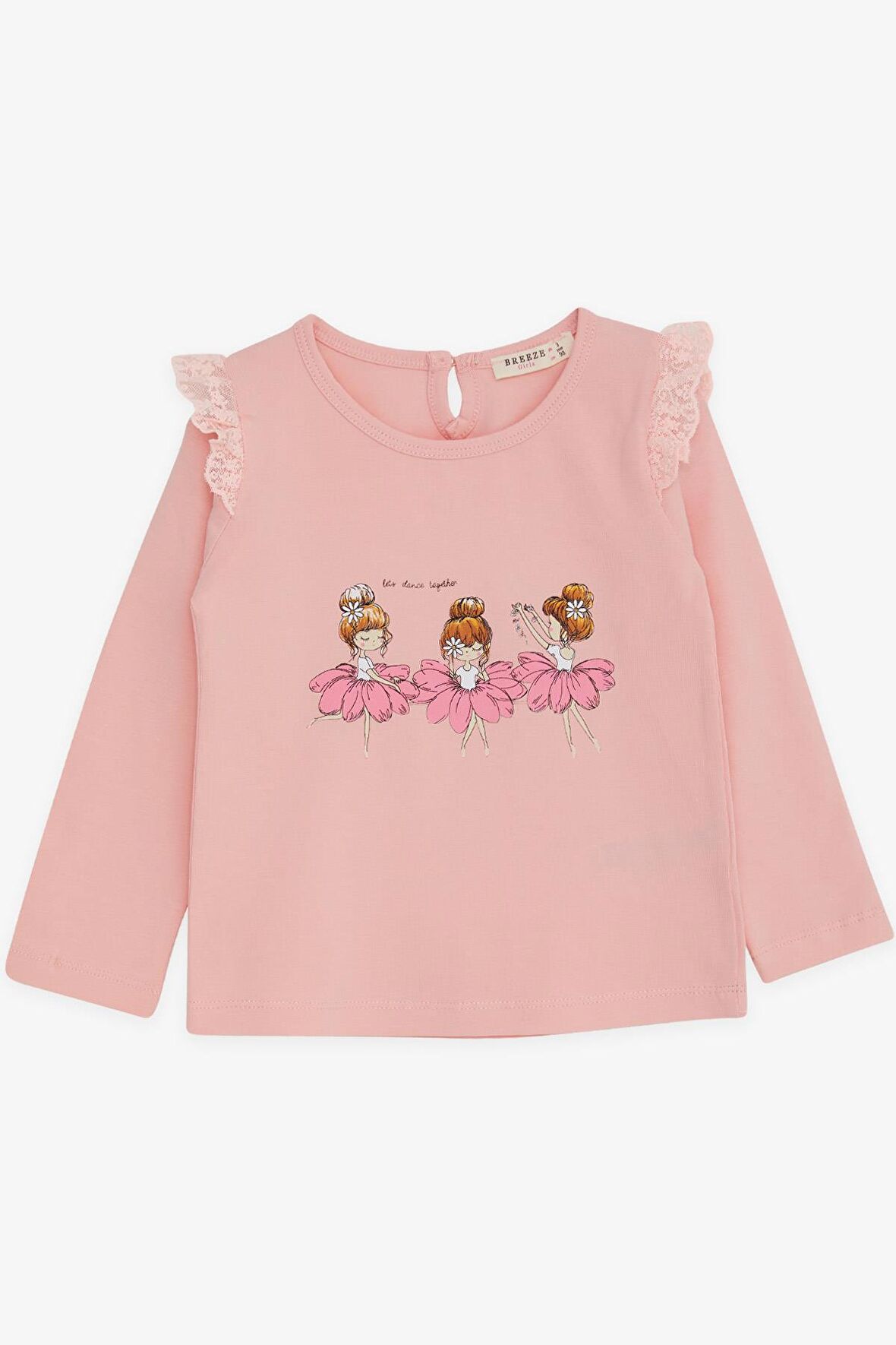 Breeze Kız Bebek Uzun Kollu Tişört Danscı Kız Baskılı Güpürlü 9 Ay-3 Yaş, Pudra