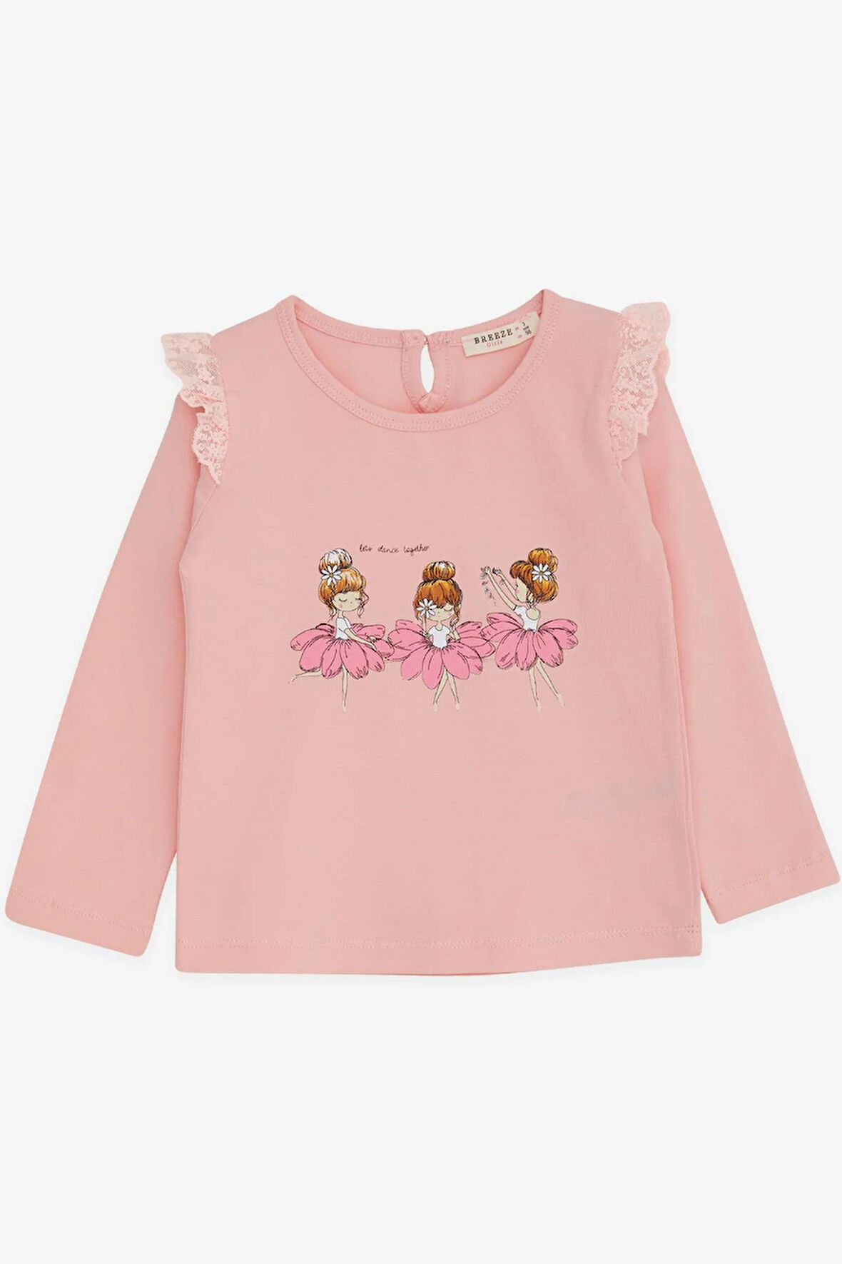 Breeze Kız Bebek Uzun Kollu Tişört Danscı Kız Baskılı Güpürlü 9 Ay-3 Yaş, Pudra