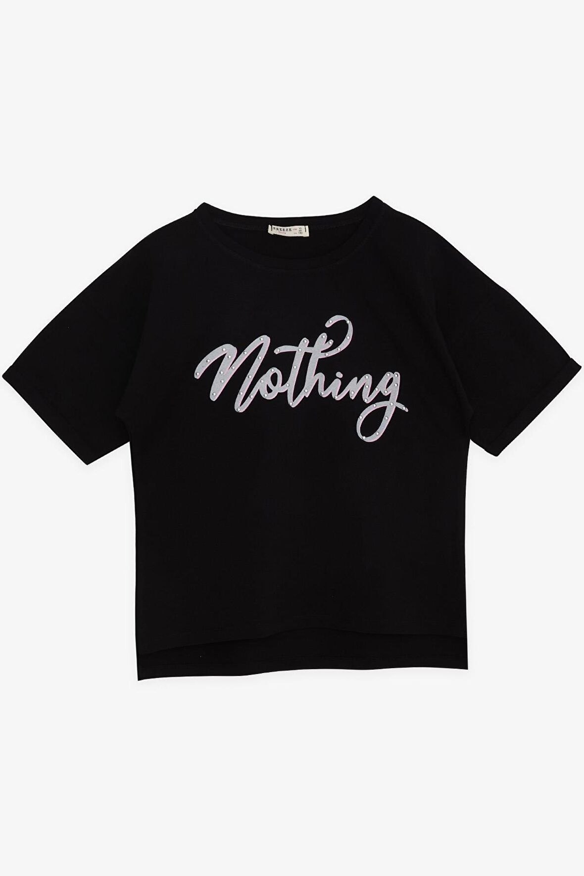 Breeze Kız Çocuk Tişört Taşlı Yazı Baskılı 9-16 Yaş, Siyah
