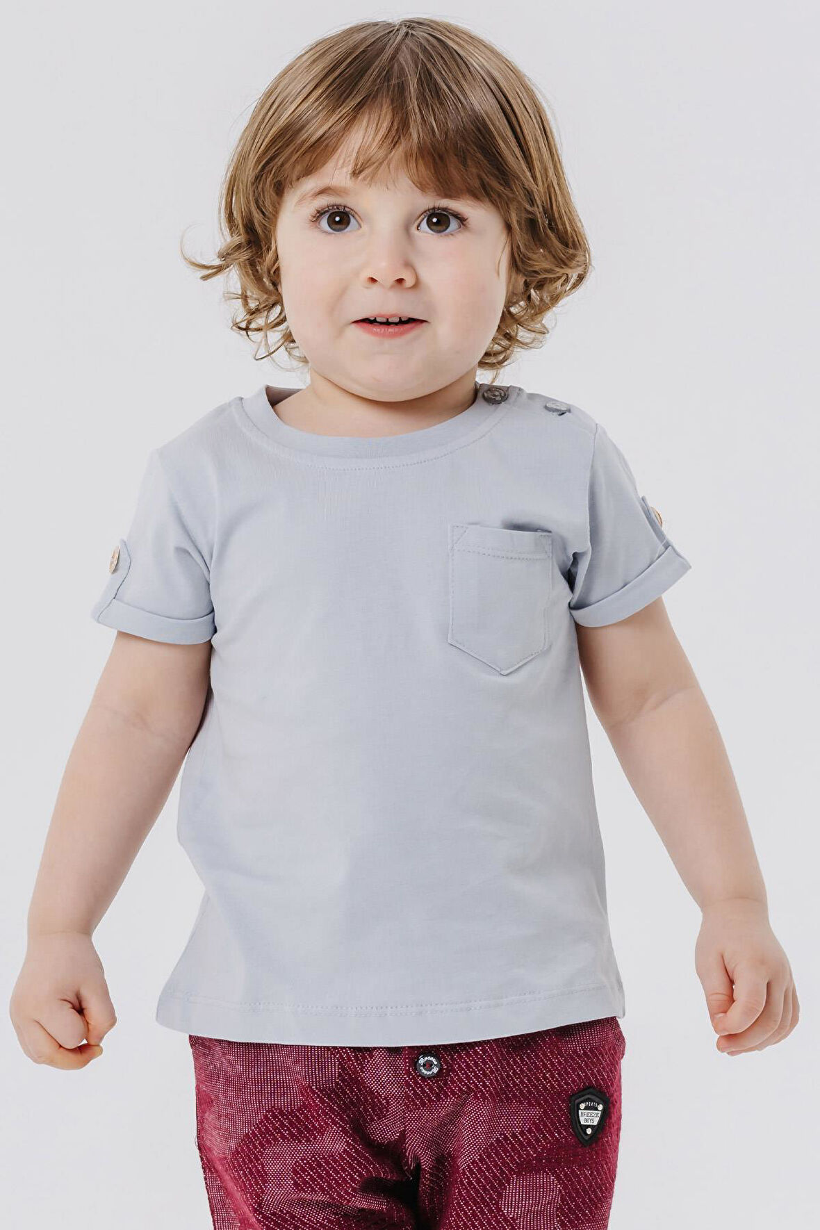 Breeze Erkek Bebek Tişört Cepli Kolları Düğme Aksesuarlı 9 Ay-3 Yaş, Gri