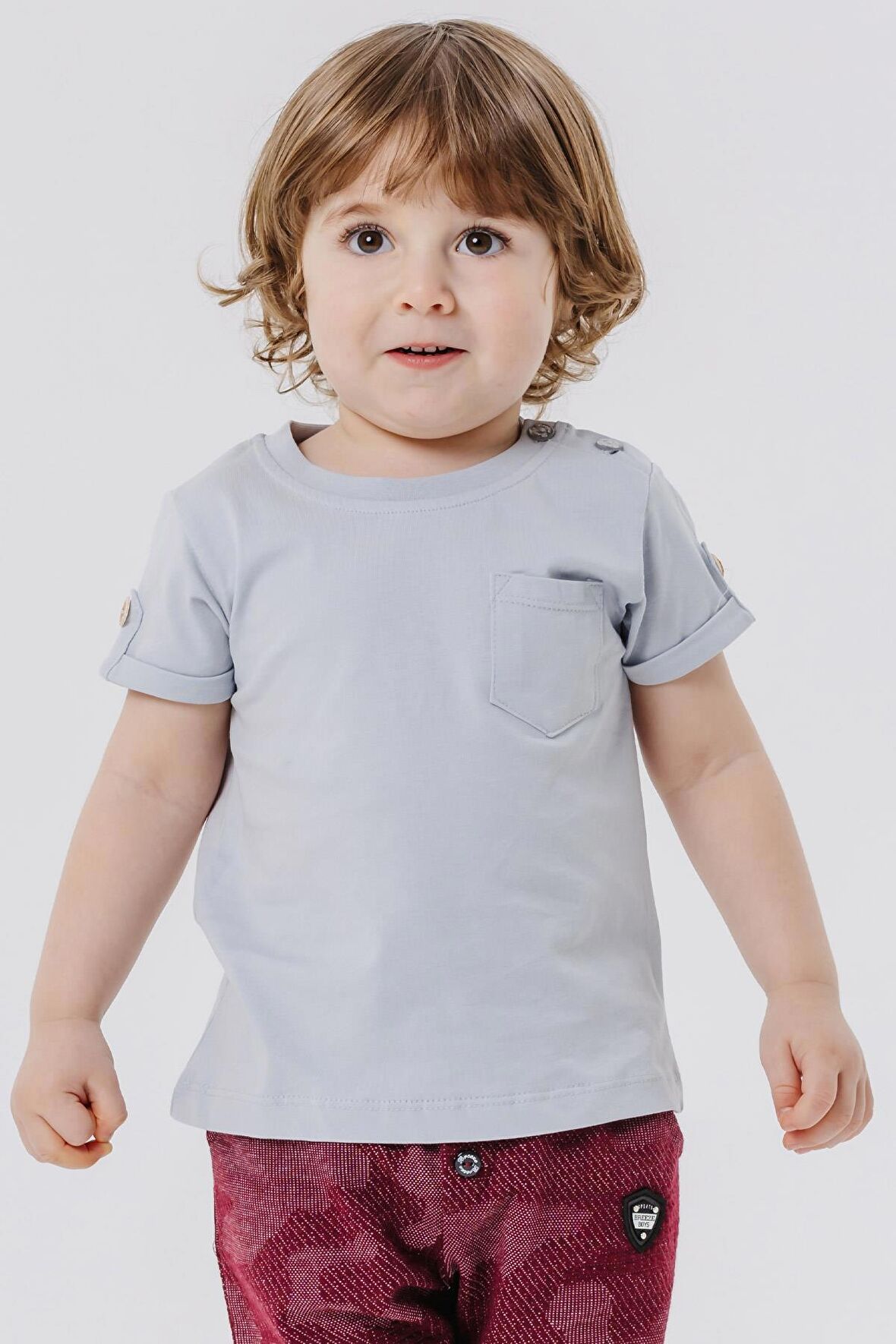Breeze Erkek Bebek Tişört Cepli Kolları Düğme Aksesuarlı 9 Ay-3 Yaş, Gri