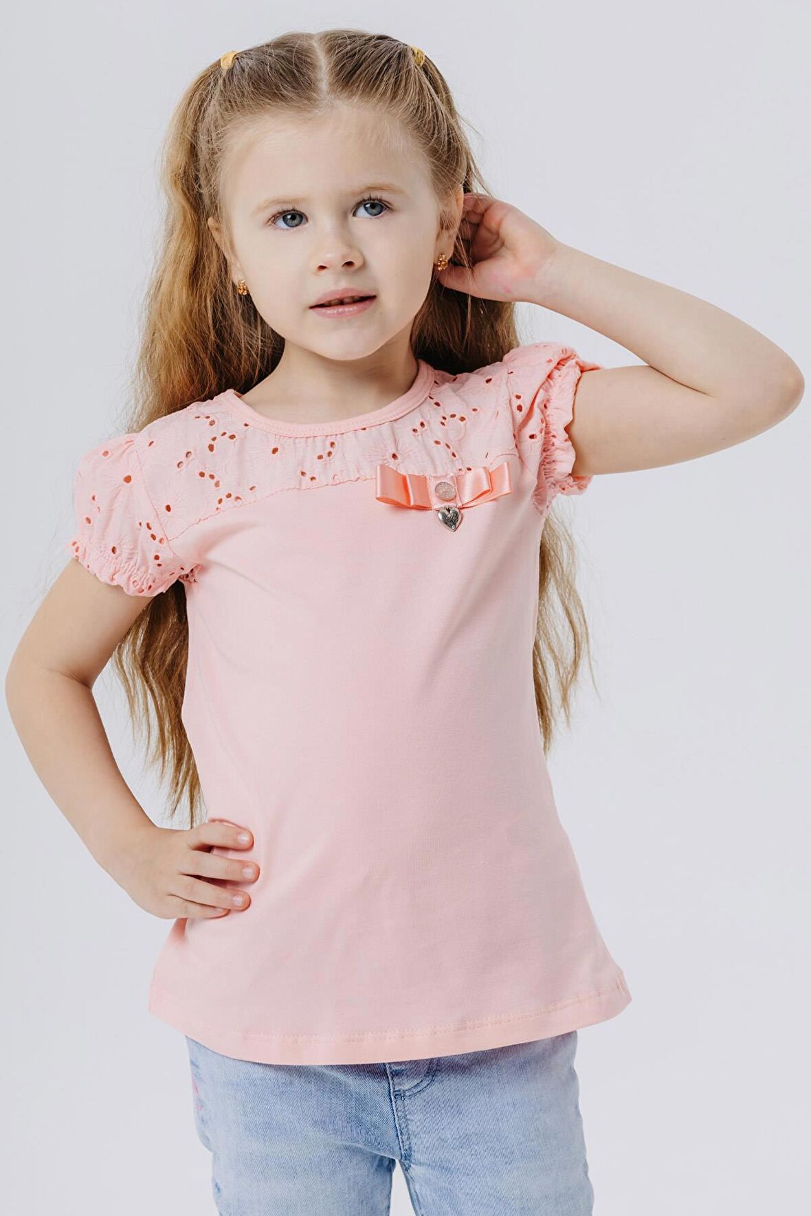 Breeze Kız Çocuk Tişört Güpürlü Aksesuarlı 5-10 Yaş, Somon