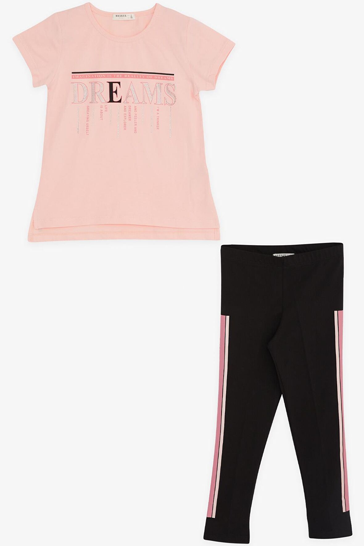 Breeze Kız Çocuk Taytlı Takım Taşlı Yazı Baskılı 5-10 Yaş, Somon