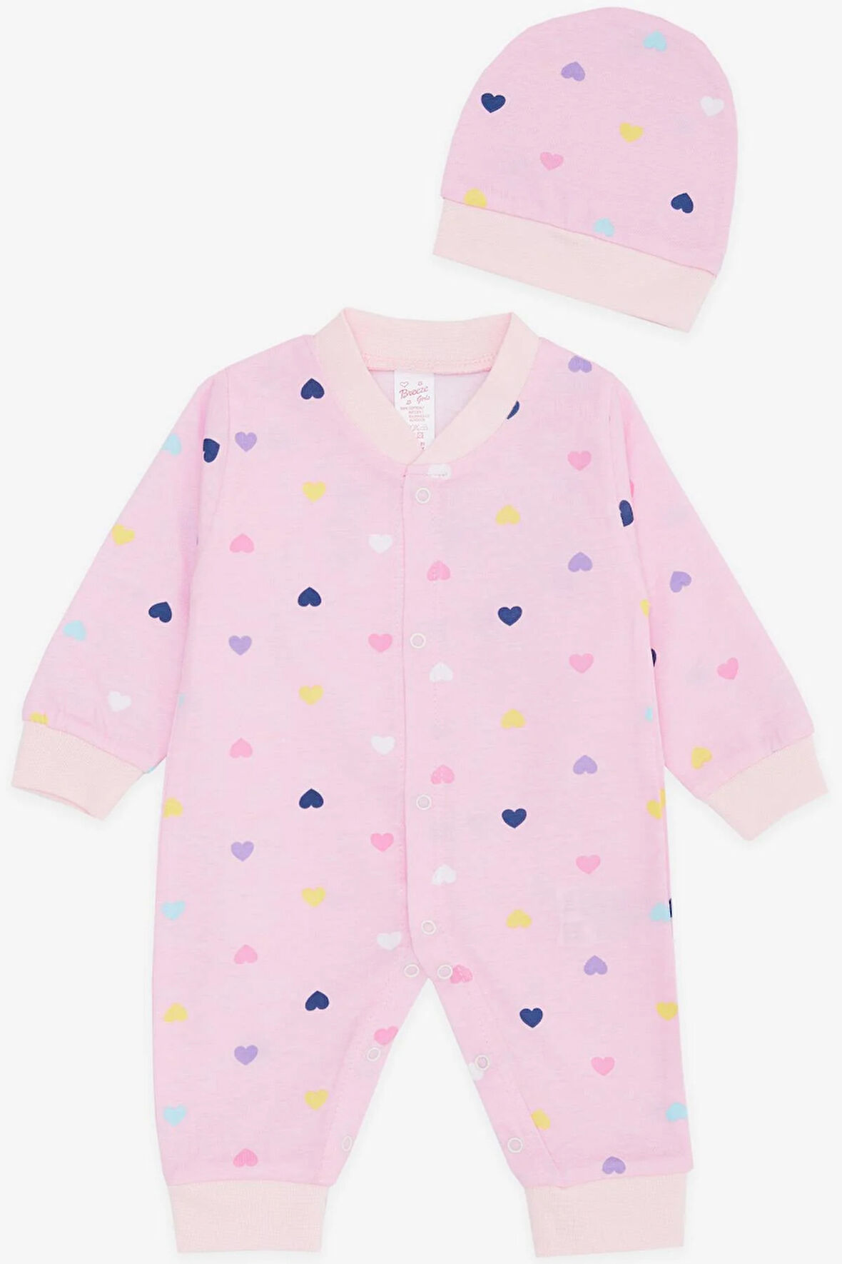 Breeze Kız Bebek Tulum Renkli Kalp Desenli 0-3 Ay-6 Ay, Pembe