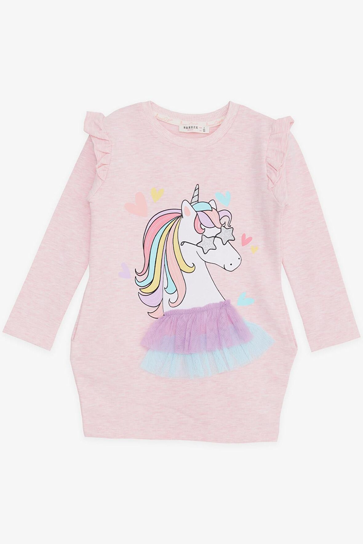 BREEZE Kız Çocuk Uzun Kollu Elbise Unicorn Baskılı 1.5-5 Yaş, Somon Melanj
