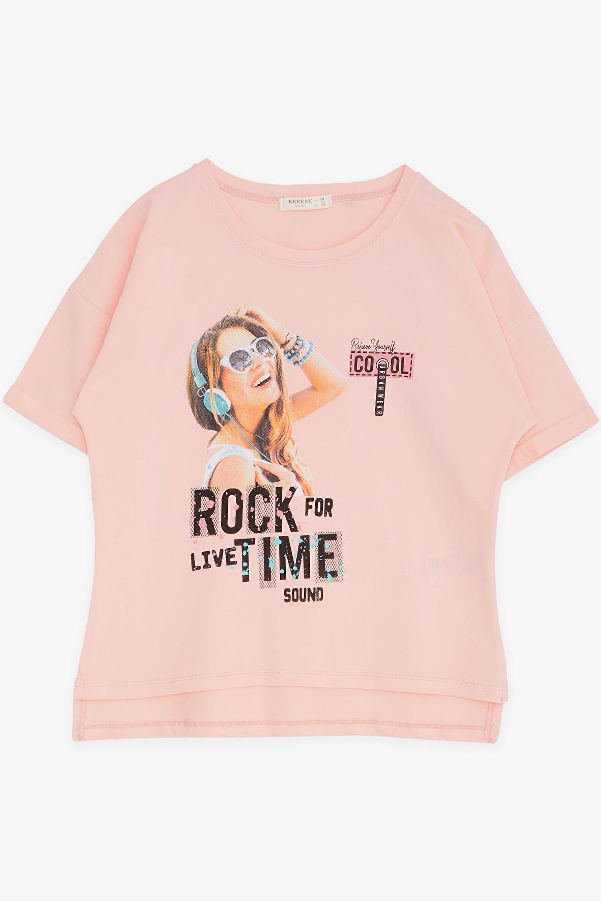 BREEZE Kız Çocuk Tişört Havalı Rockçı Kız Baskılı 9-16 Yaş, Somon