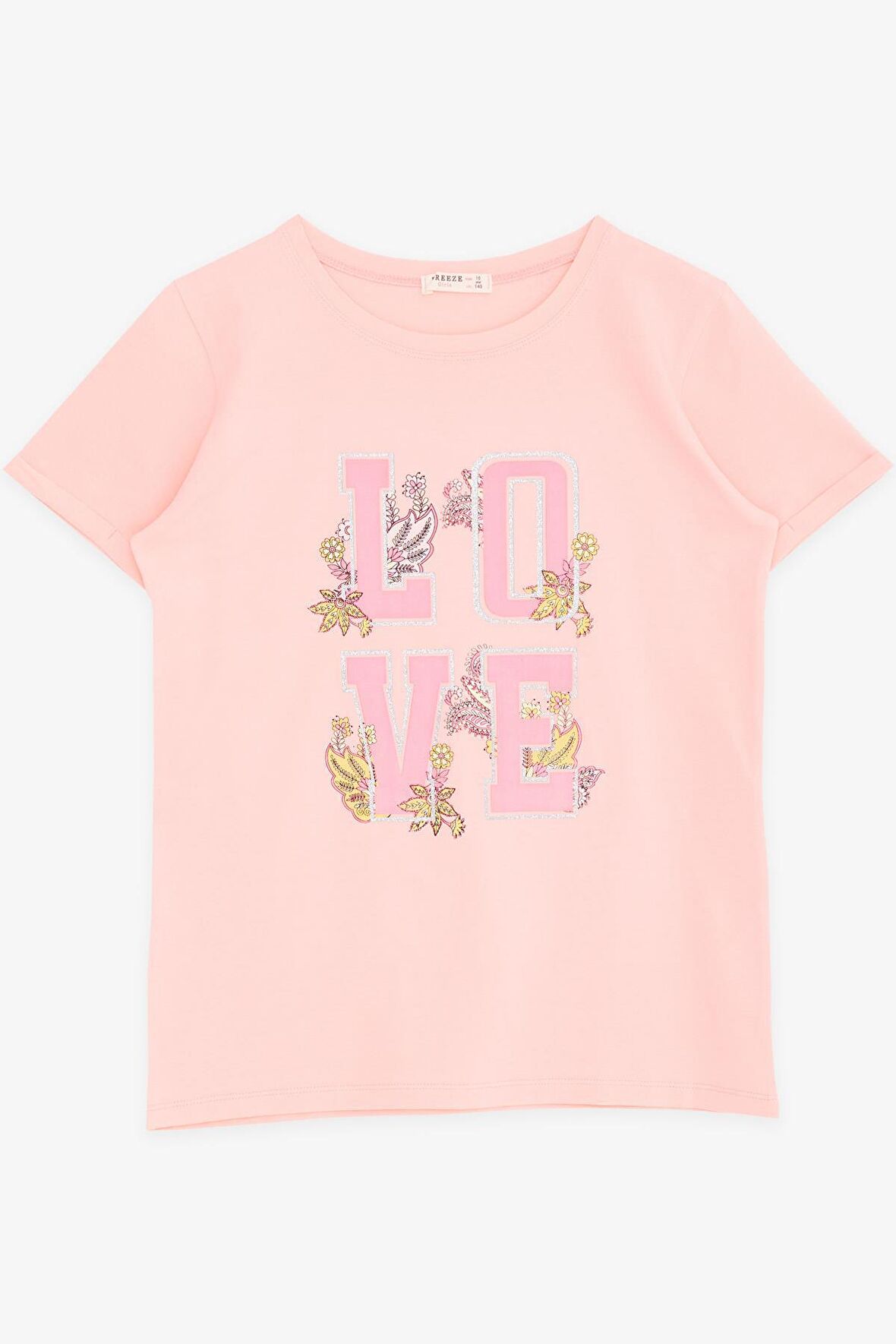 Breeze Kız Çocuk Tişört Simli Yazı Çiçek Baskılı 10-16 Yaş, Somon