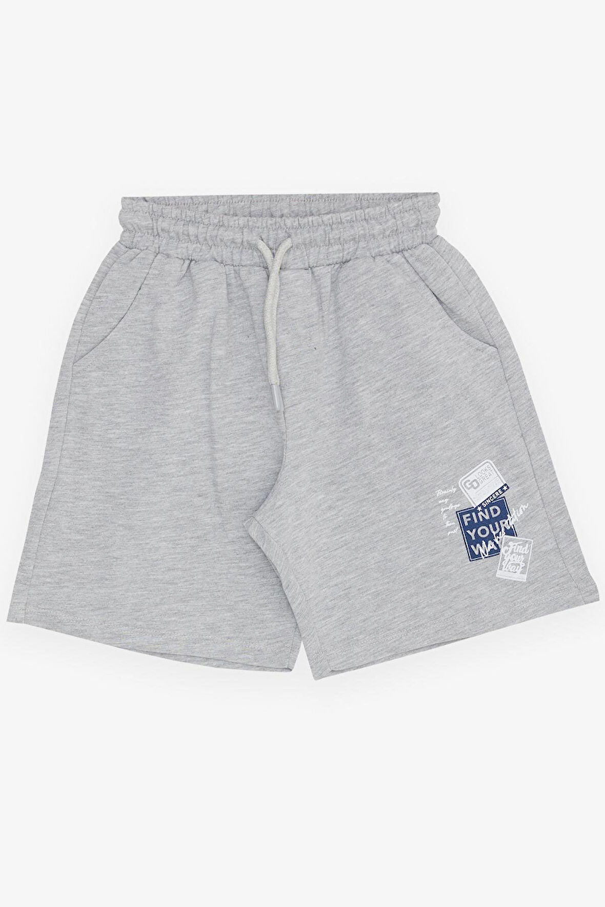 Breeze Girls & Boys Erkek Çocuk Şort Yazı Baskılı Bağcıklı Cepli Beli Lastikli 8-14 Yaş, Açık Gri Melanj