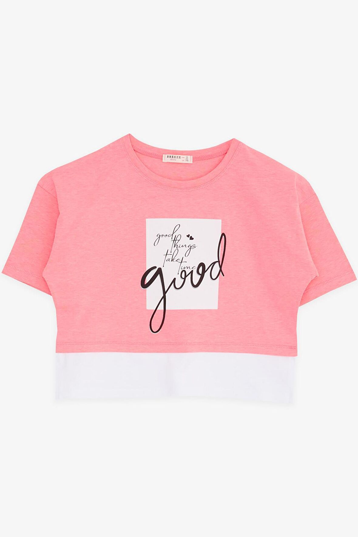BREEZE Kız Çocuk Crop Tişört Yazı Baskılı Yanları Yırtmaçlı 9-14 Yaş, Neon Pembe