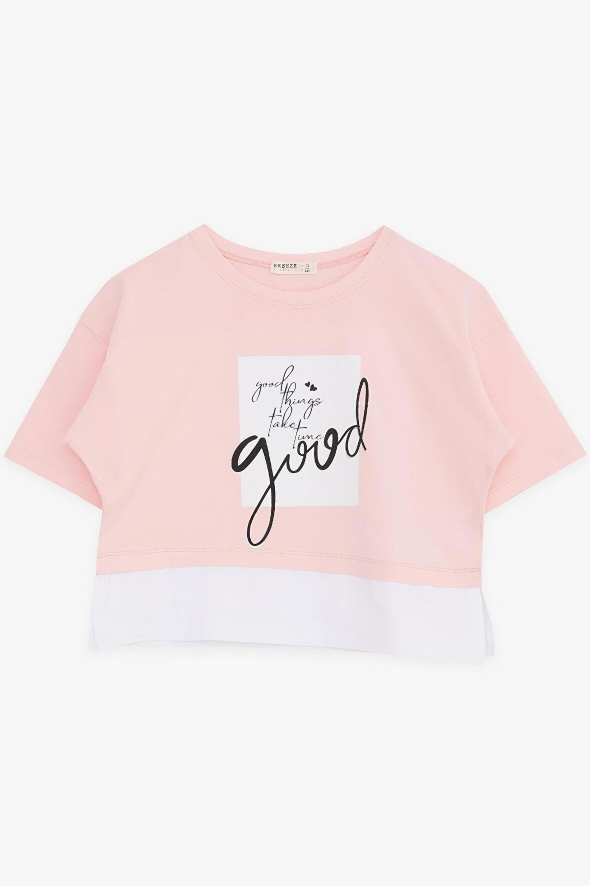 BREEZE Kız Çocuk Crop Tişört Yazı Baskılı Yanları Yırtmaçlı 9-14 Yaş, Pembe