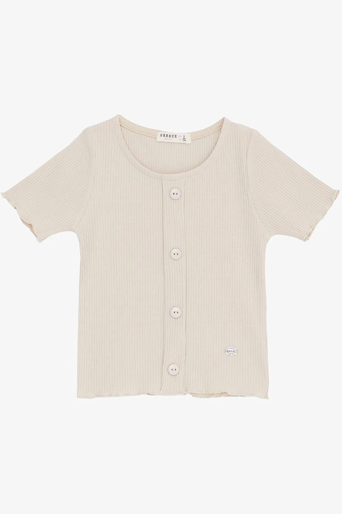 Breeze Kız Çocuk Tişört Crop Düğme Aksesuarlı 8-14 Yaş, Bej