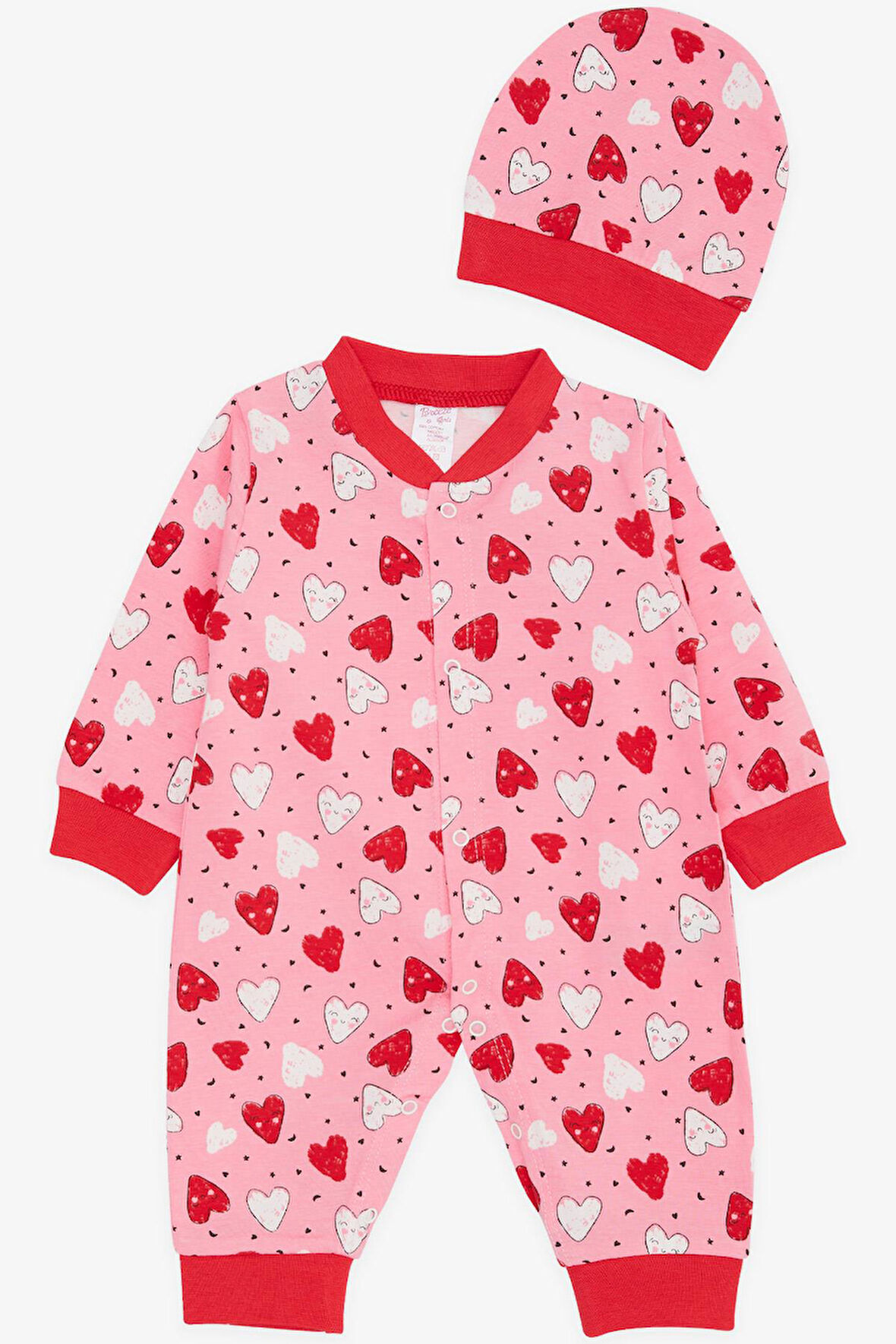Breeze Kız Bebek Tulum Renkli Gülenyüz Kalp Desenli 0-3 Ay-6 Ay, Pembe