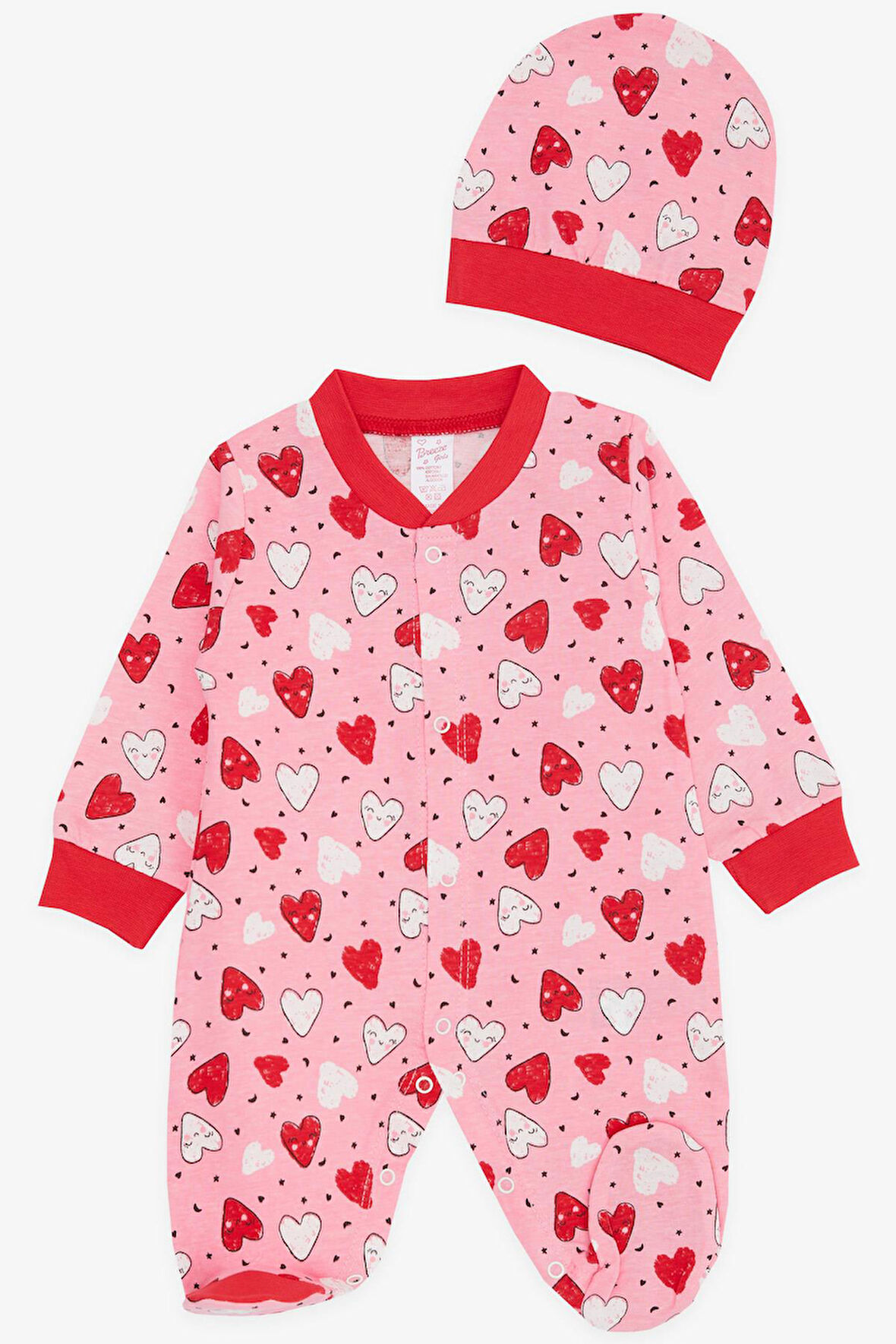 Breeze Kız Bebek Patikli Tulum Renkli Gülenyüz Desenli 0-3 Ay-6 Ay, Pembe