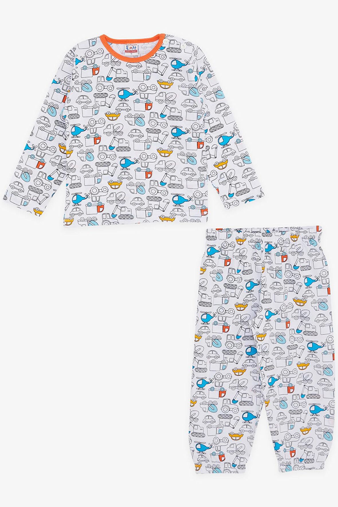 BREEZE GİRLS & BOYS Erkek Bebek Pijama Takımı Taşıt Desenli 9 Ay-3 Yaş, Beyaz