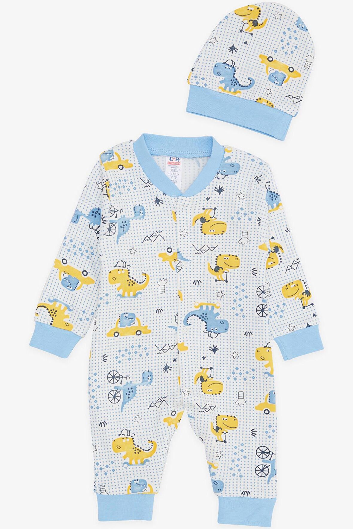 BREEZE Erkek Bebek Tulum Eğlenceli Dinozor Desenli 0-3 Ay-6 Ay, Beyaz