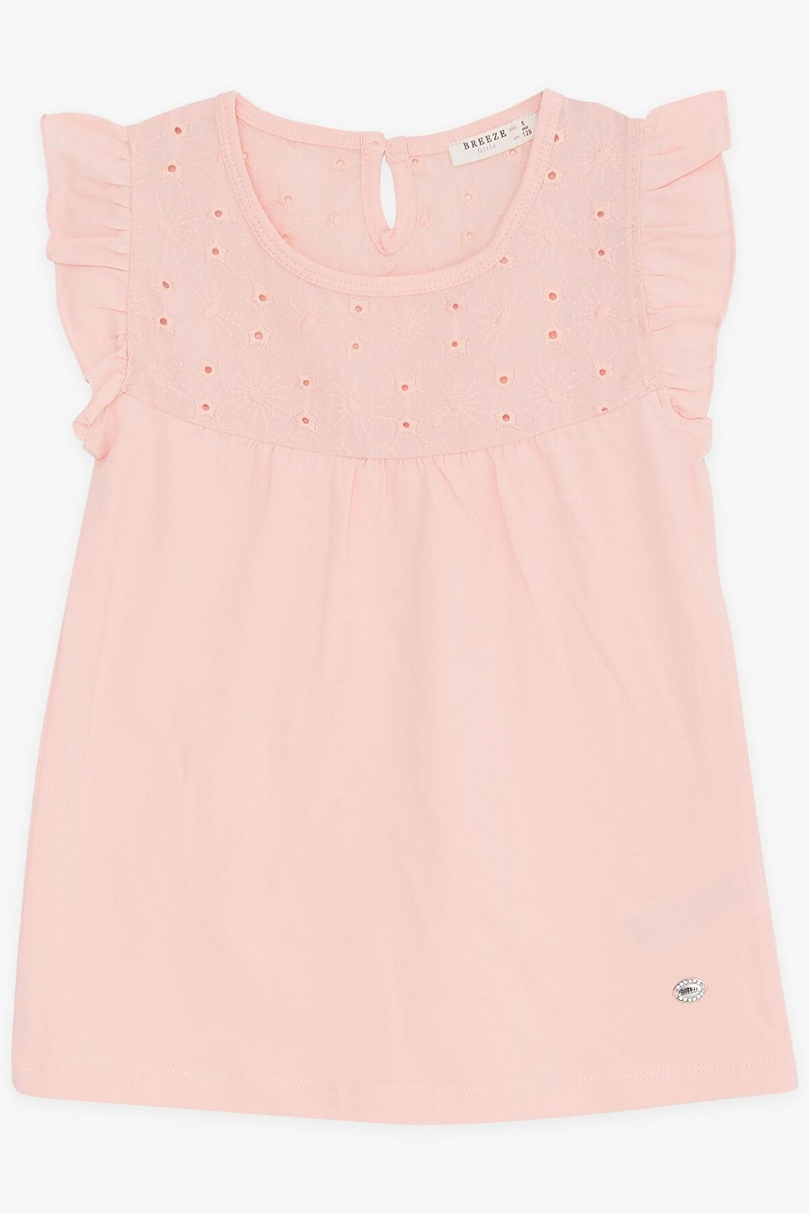 BREEZE Kız Çocuk Tişört Fırfırlı Nakışlı 4-8 Yaş, Somon