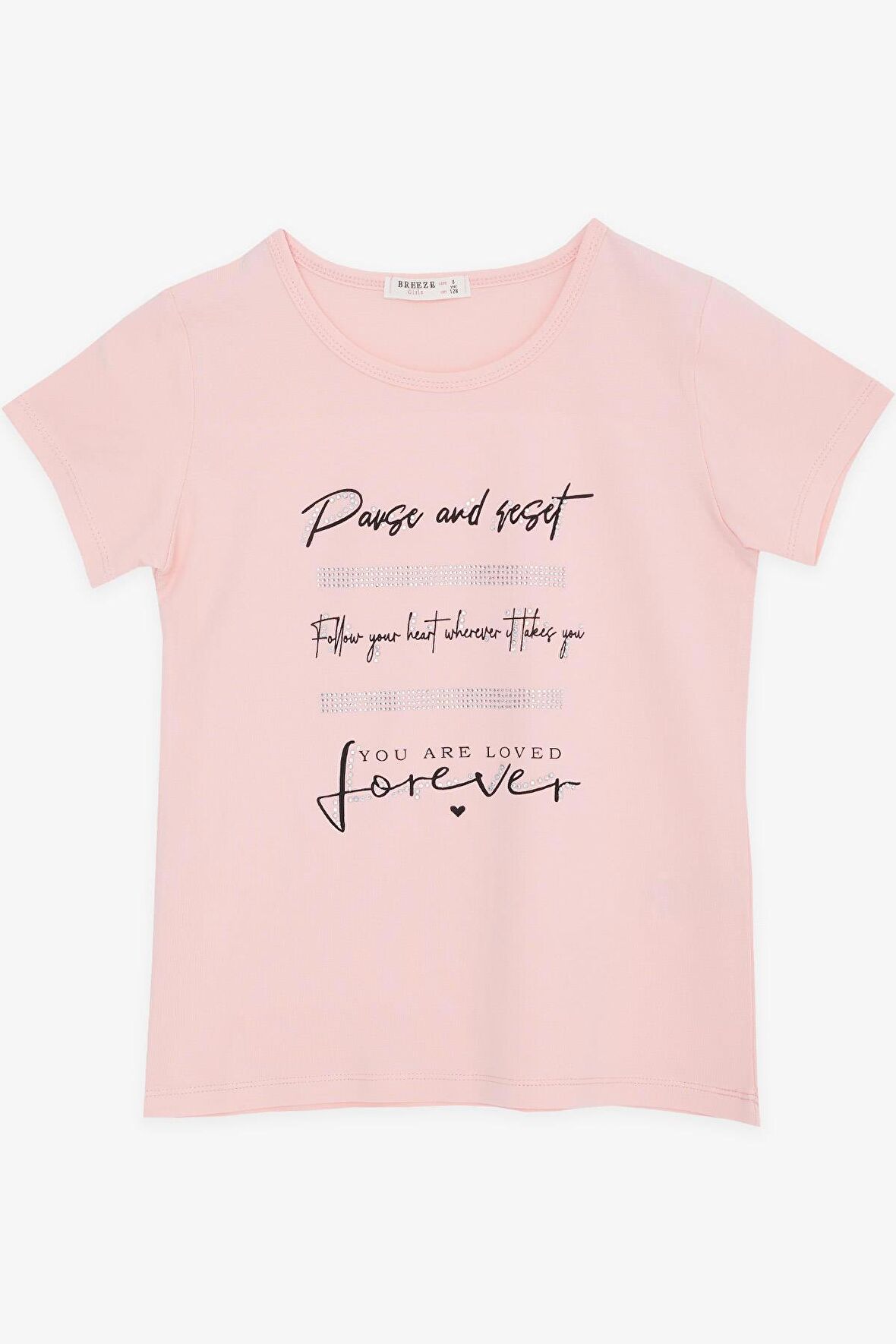 BREEZE Kız Çocuk Tişört Taşlı Yazı Baskılı 8-14 Yaş, Somon