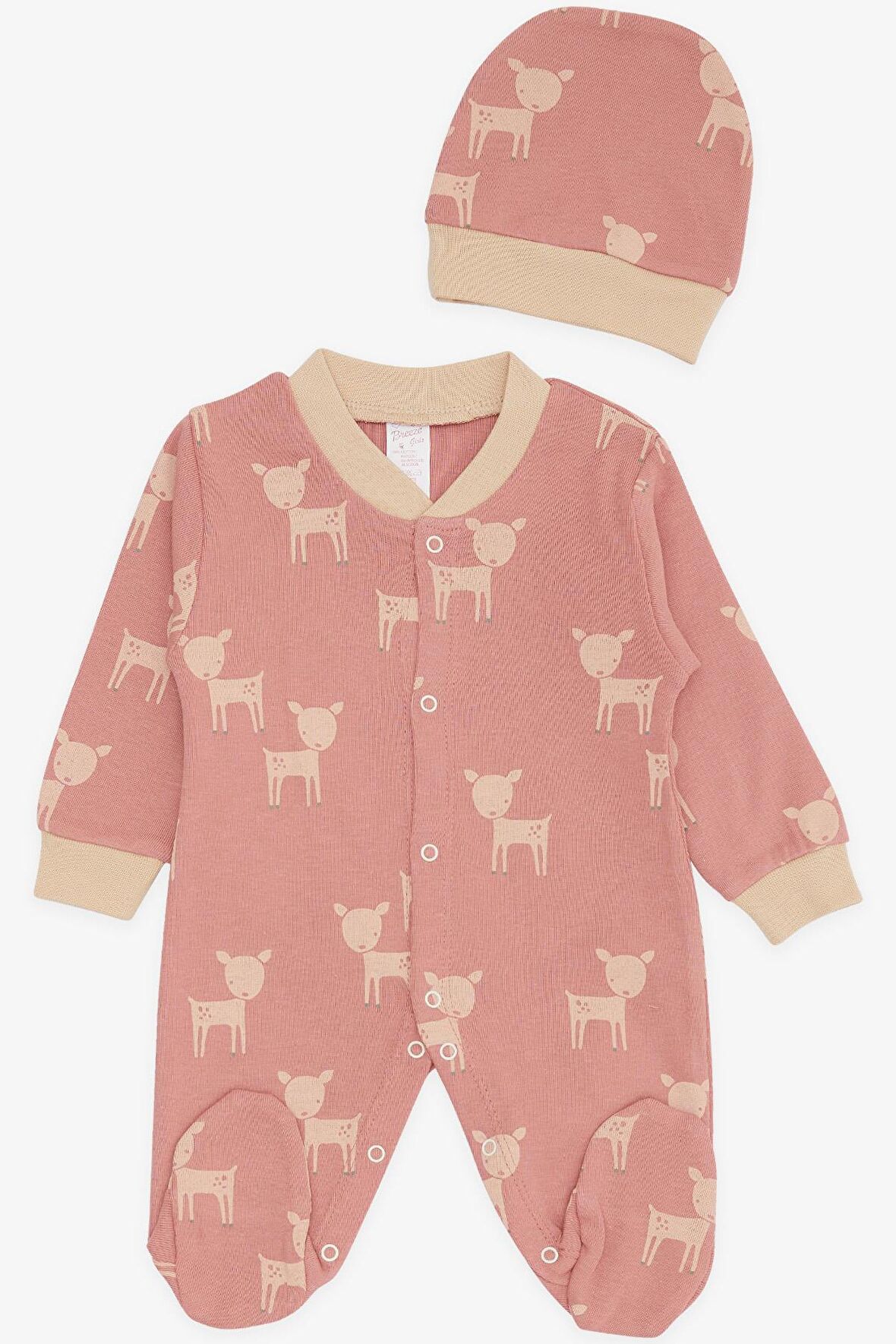 Breeze Kız Bebek Patikli Tulum Sevimli Ceylancık Desenli 0-3 Ay-6 Ay, Gülkurusu