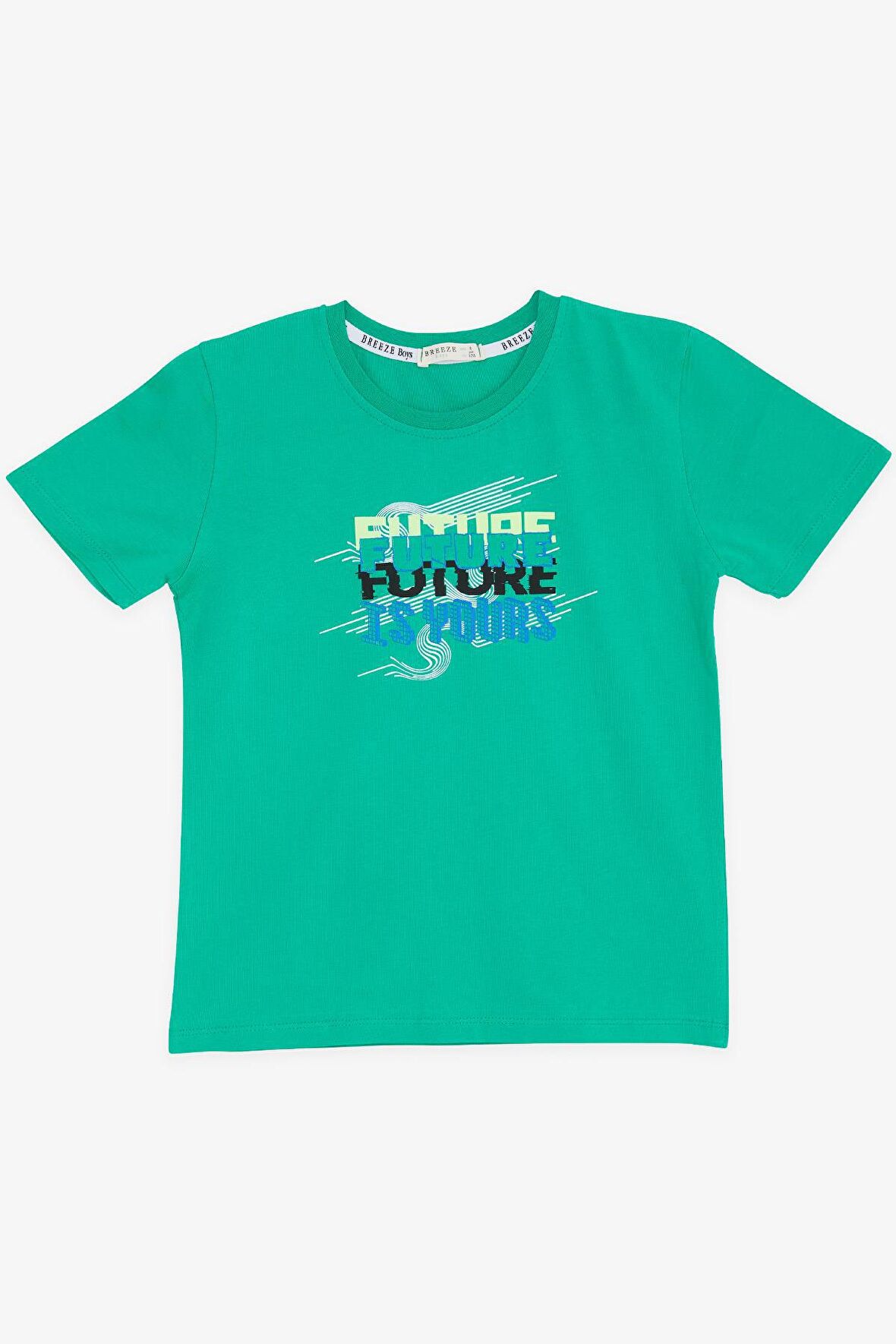 BREEZE GİRLS & BOYS Erkek Çocuk Tişört Renkli Yazı Baskılı 8-14 Yaş, Yeşil