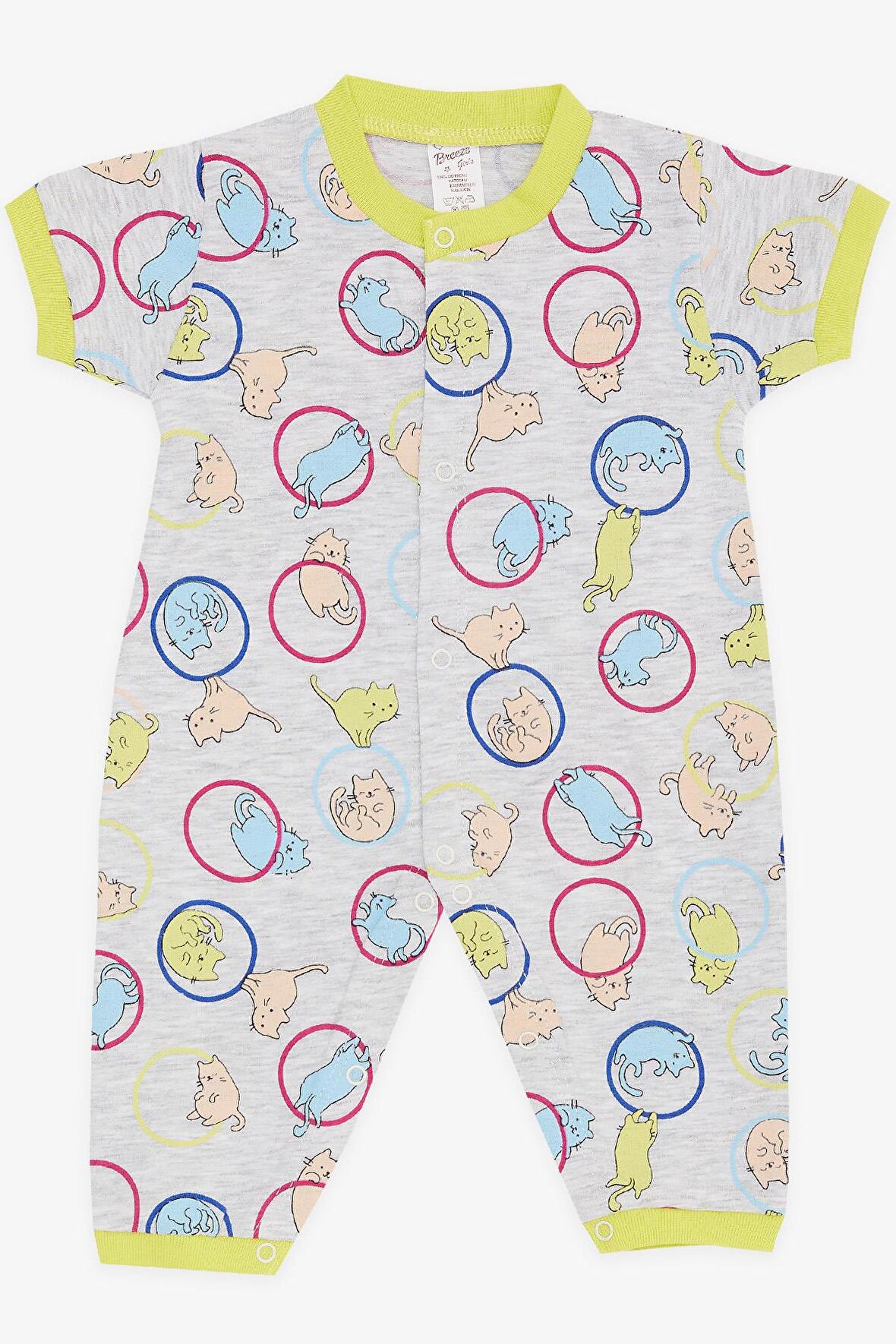 Breeze Kız Bebek Kısa Kollu Tulum Sevimli Kedicik Desenli 0-3 Ay-6 Ay, Açık Gri Melanj