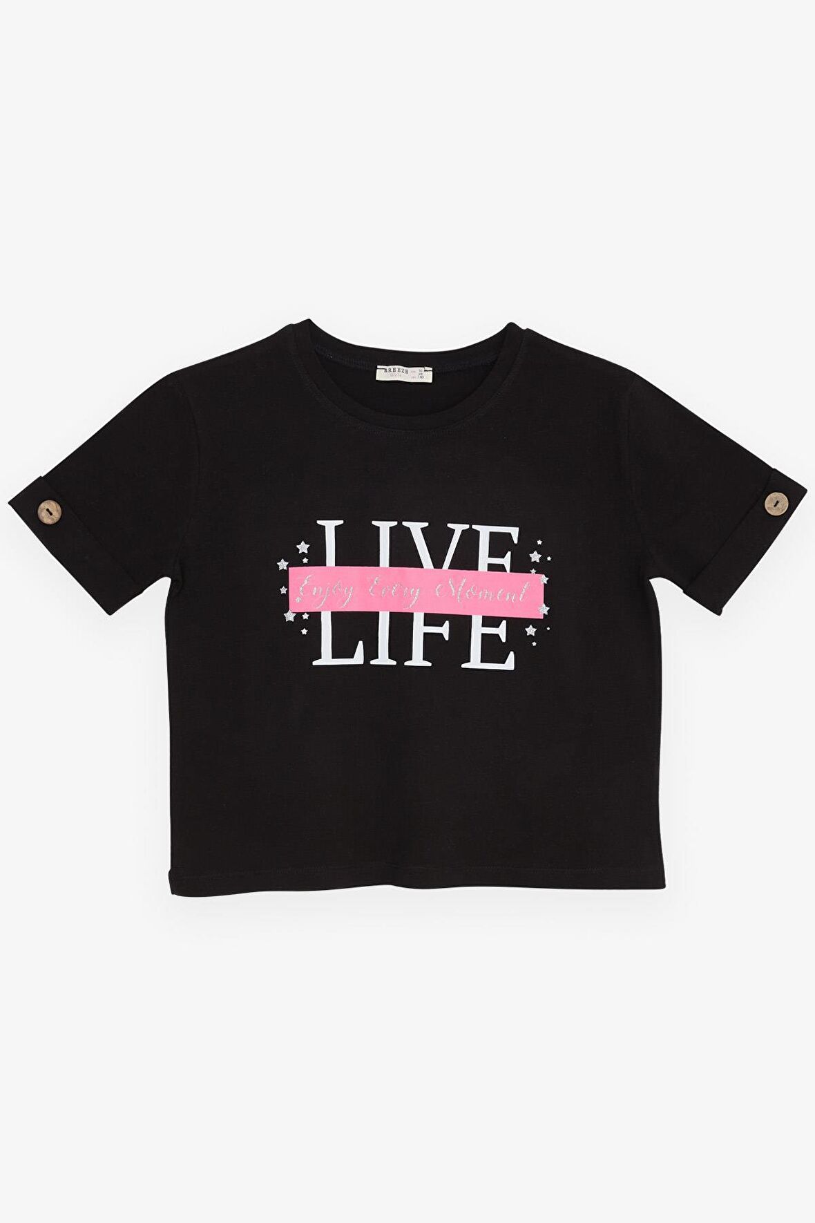 BREEZE Kız Çocuk Crop Tişört Kolları Düğme Aksesuarlı Simli Yazı Baskılı 9-16 Yaş, Siyah