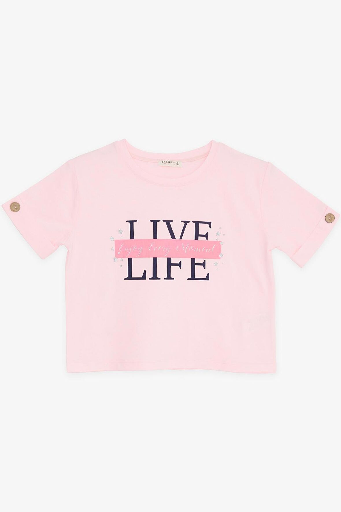 BREEZE Kız Çocuk Crop Tişört Kolları Düğme Aksesuarlı Simli Yazı Baskılı 9-16 Yaş, Pembe