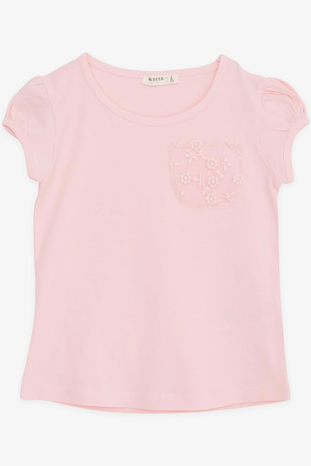 BREEZE Kız Çocuk Tişört Cebi Tül Çiçek Nakışlı 4-9 Yaş, Pembe