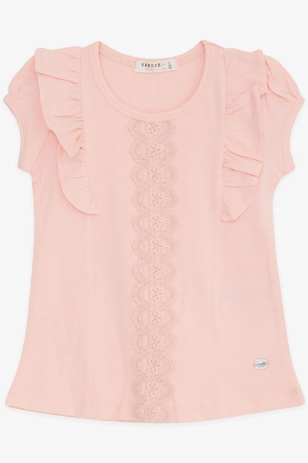 Breeze Kız Çocuk Tişört Fırfırlı Güpür Nakışlı 3-8 Yaş, Somon