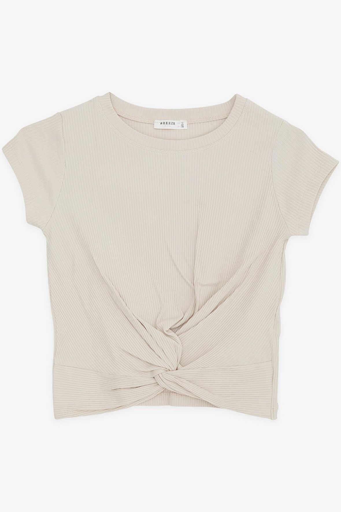 BREEZE Kız Çocuk Crop Tişört Çapraz Detaylı 9-14 Yaş, Bej