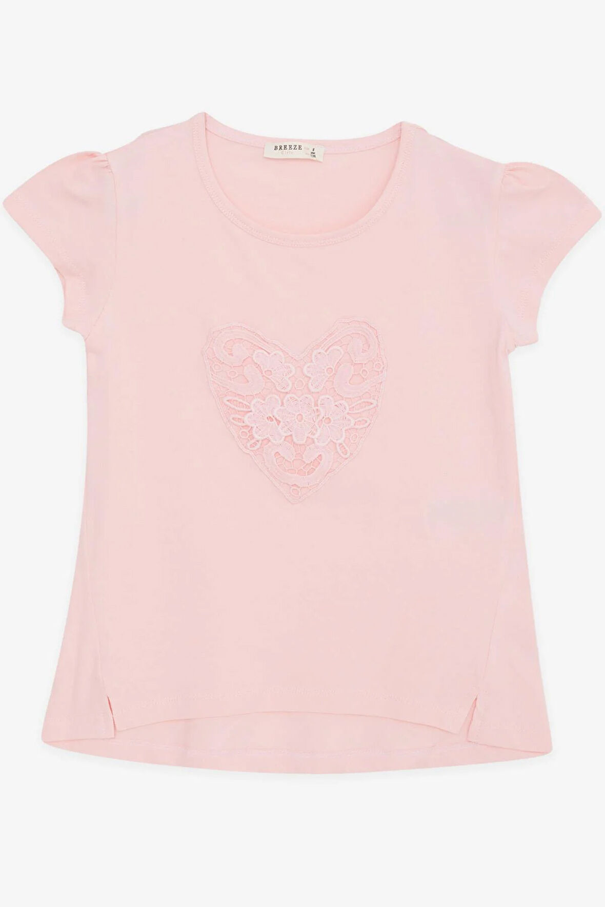 Breeze Kız Çocuk Tişört Kalp Çiçek Nakışlı 4-8 Yaş, Pembe