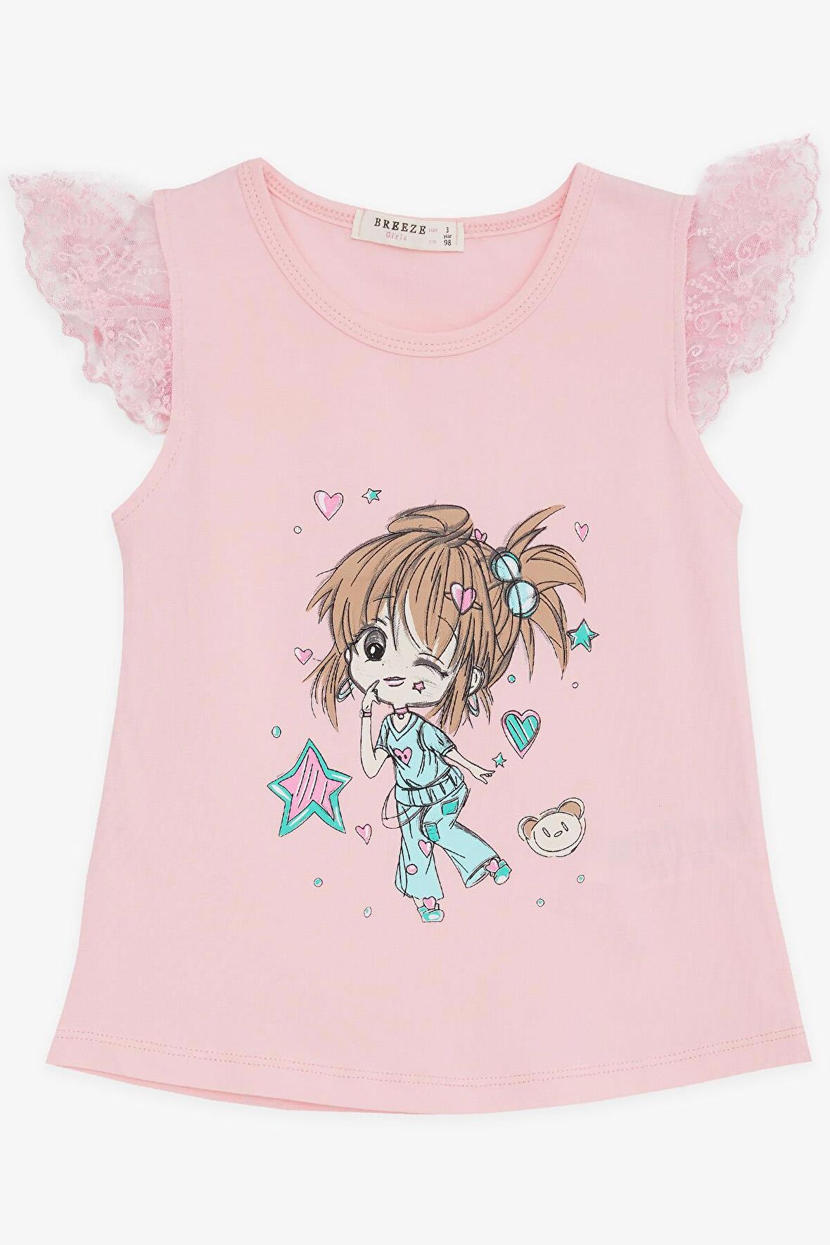 BREEZE Kız Çocuk Tişört Çılgın Kız Baskılı Kolları Nakış Güpürlü 1.5-5 Yaş, Pembe