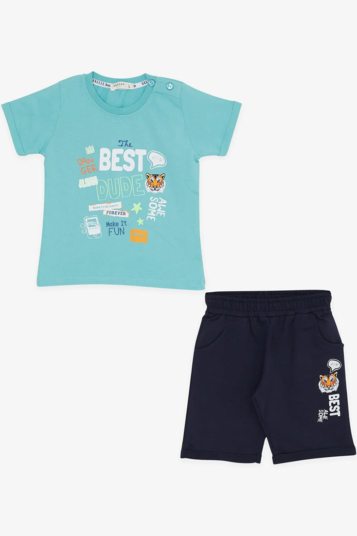 Breeze Girls & Boys Erkek Çocuk Şortlu Takım Kaplan Baskılı 1-4 Yaş, Mint Yeşili