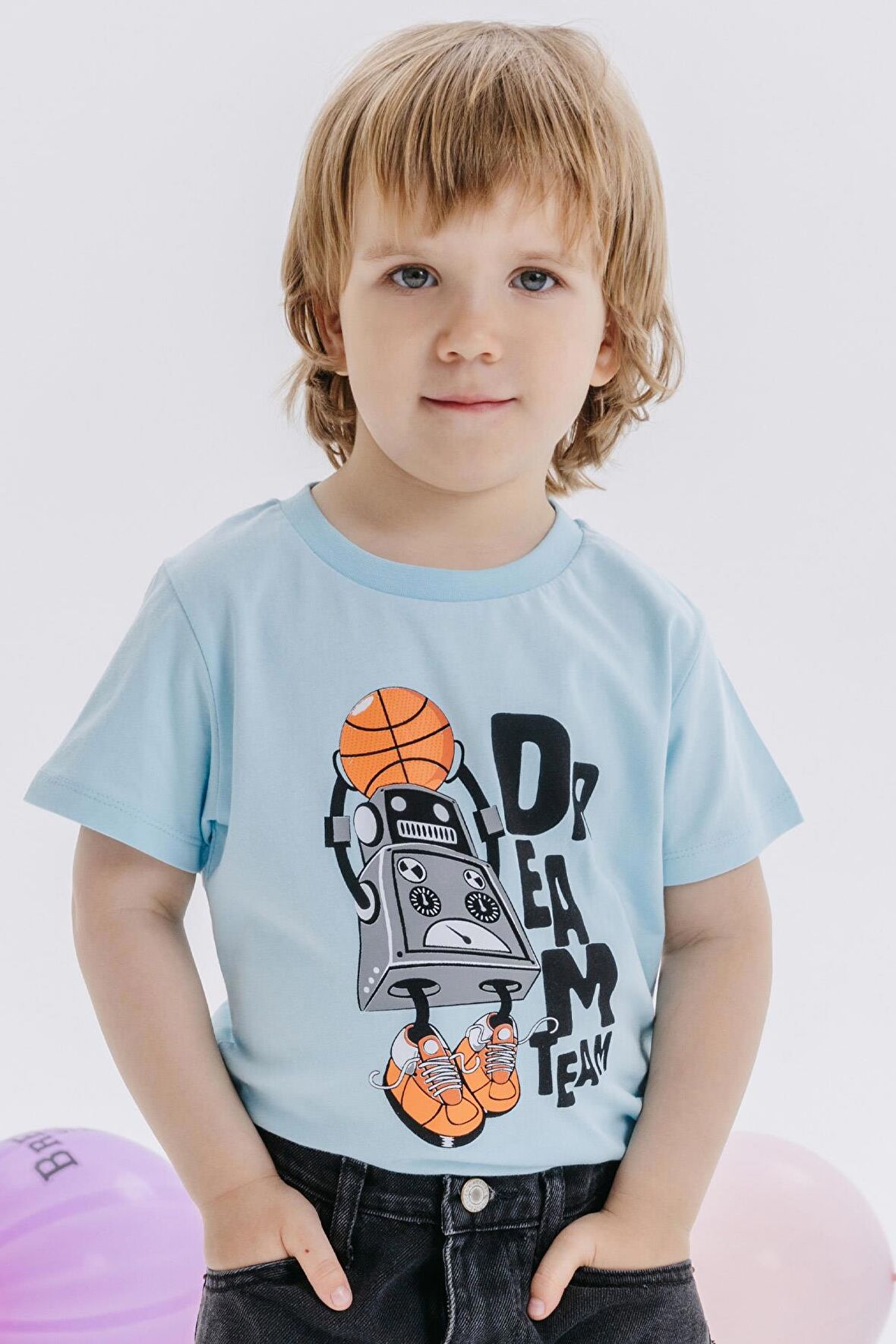 BREEZE GİRLS & BOYS Erkek Çocuk Tişört Rüya Takım Temalı Basketçi Robot Baskılı 4-8 Yaş, Açık Mavi