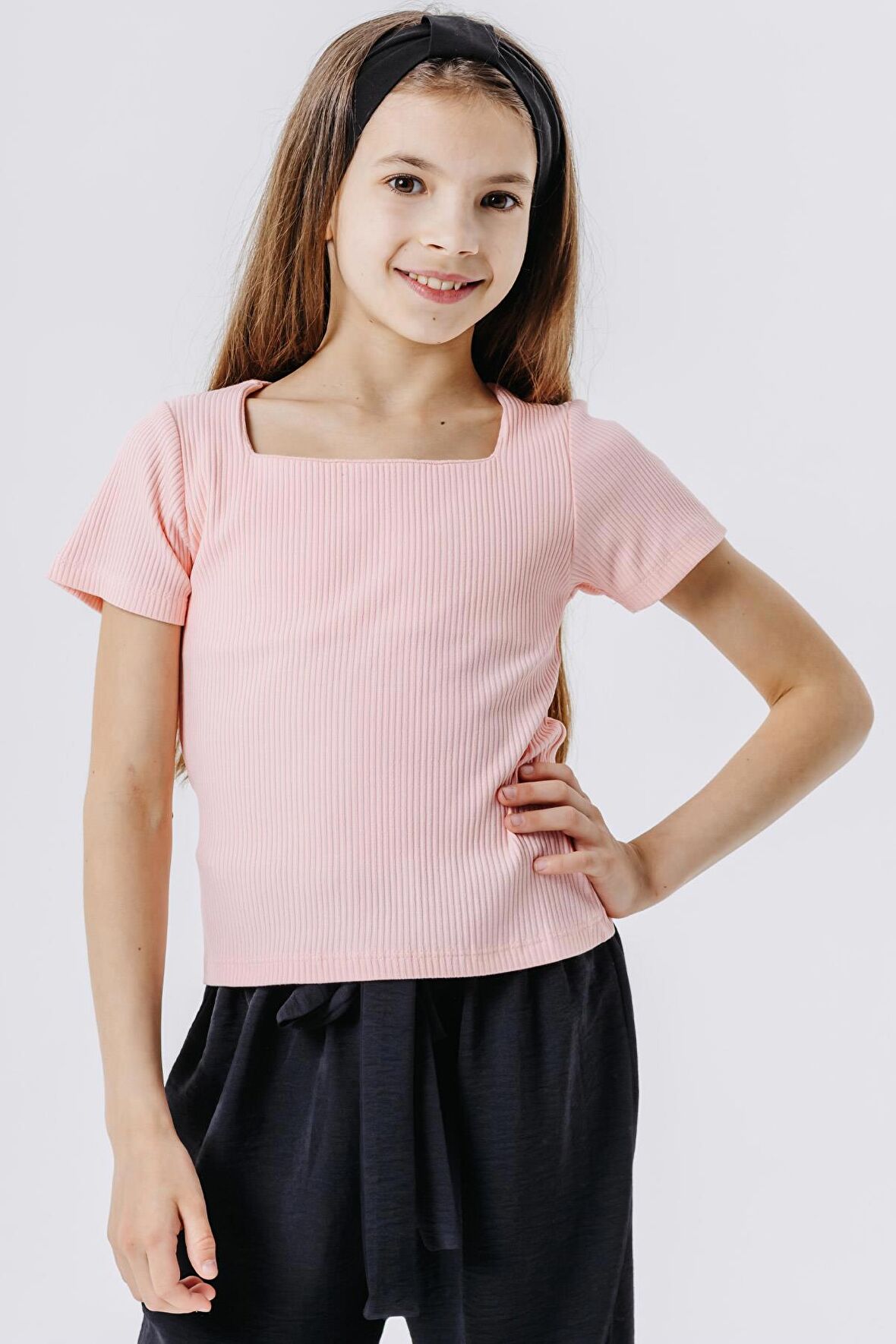 BREEZE Kız Çocuk Crop Tişört Fitilli Kare Yaka 9-14 Yaş, Somon