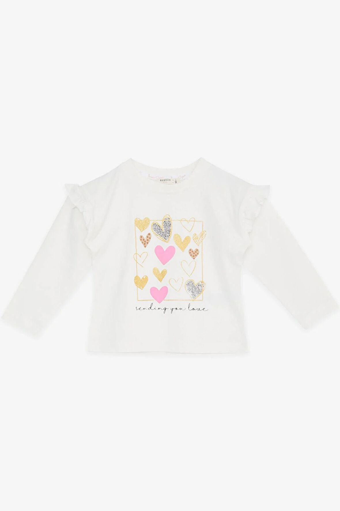 Breeze Kız Çocuk Uzun Kollu Tişört Simli Kalp Baskılı Fırfırlı 1-4 Yaş, Ekru