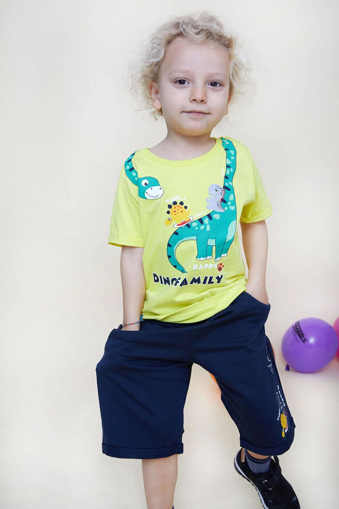 Breeze Girls & Boys Erkek Çocuk Şortlu Takım Mutlu Dinozor Aile Baskılı 1-4 Yaş, Sarı
