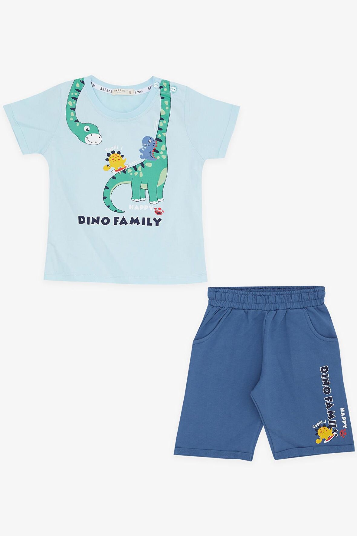 BREEZE GİRLS & BOYS Erkek Çocuk Şortlu Takım Mutlu Dinozor Aile Baskılı 1-4 Yaş, Açık Mavi