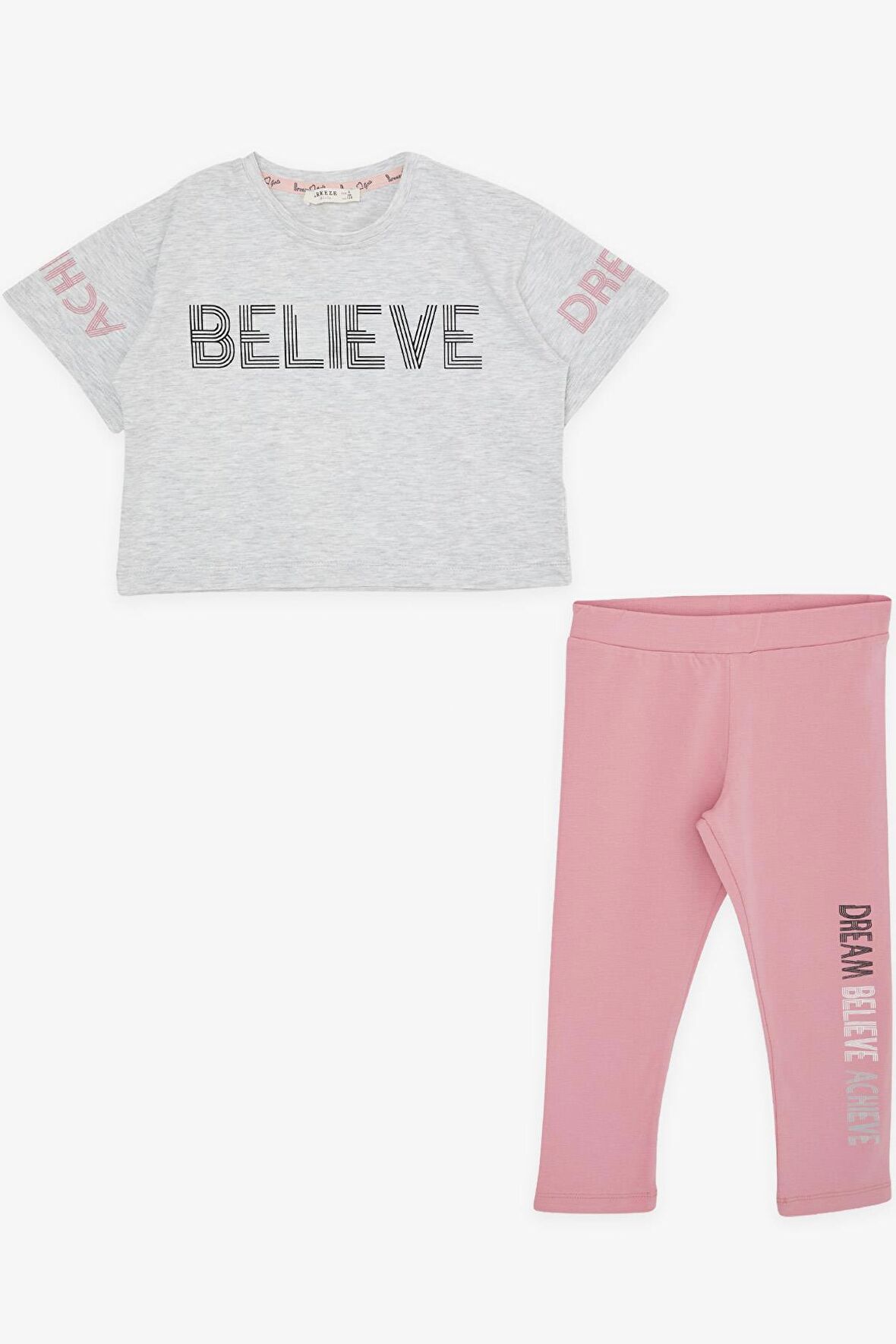 BREEZE Kız Çocuk Kapri Taytlı Crop Takım Yazı Baskılı 8-12 Yaş, Açık Gri Melanj