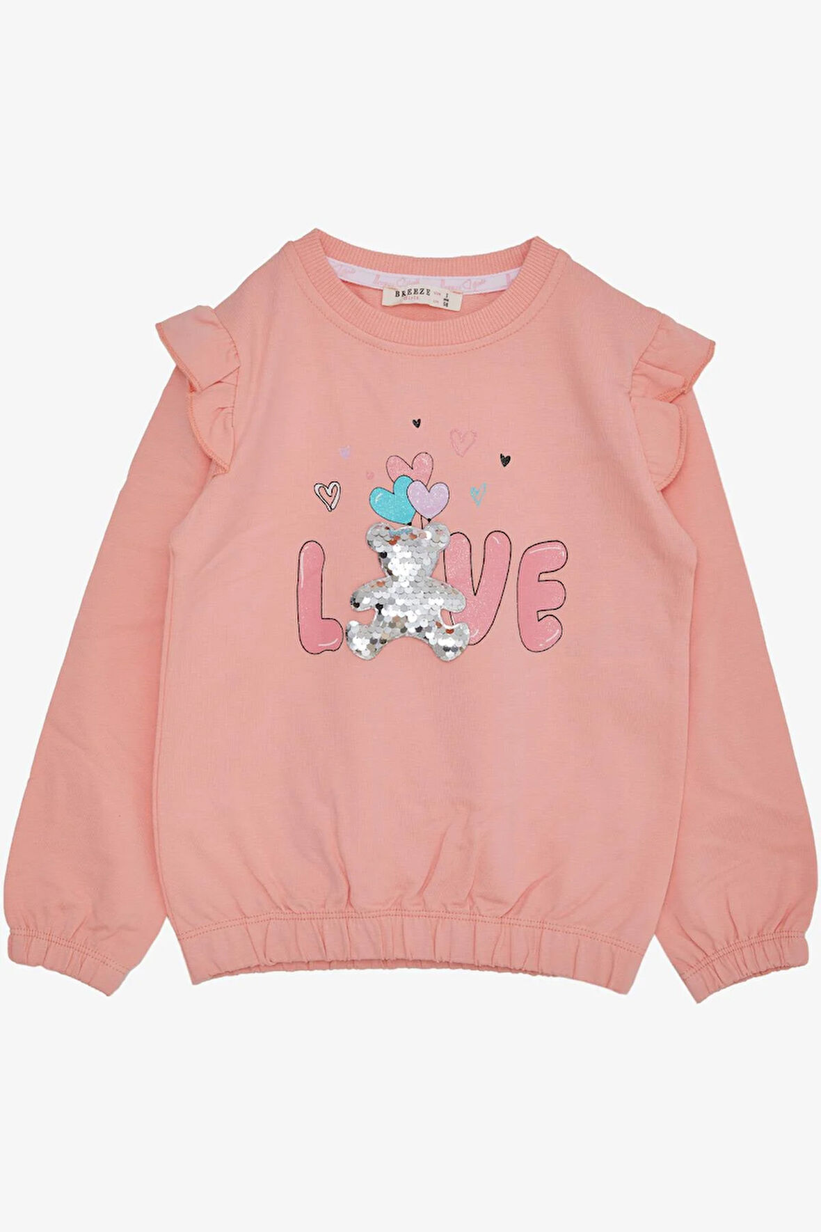 Breeze Kız Çocuk Sweatshirt Pullu Ayıcık Aksesuarlı Simli Yazı Baskılı 1.5-5 Yaş, Somon