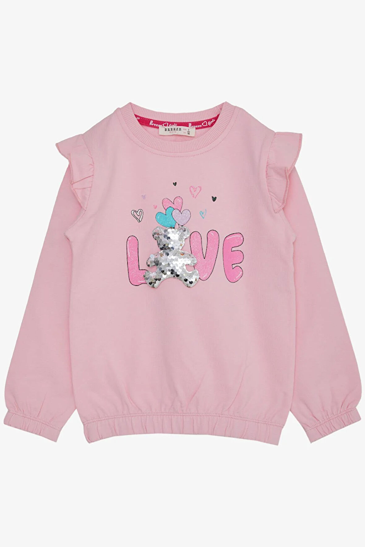 Breeze Kız Çocuk Sweatshirt Pullu Ayıcık Aksesuarlı Simli Yazı Baskılı 1.5-5 Yaş, Pembe