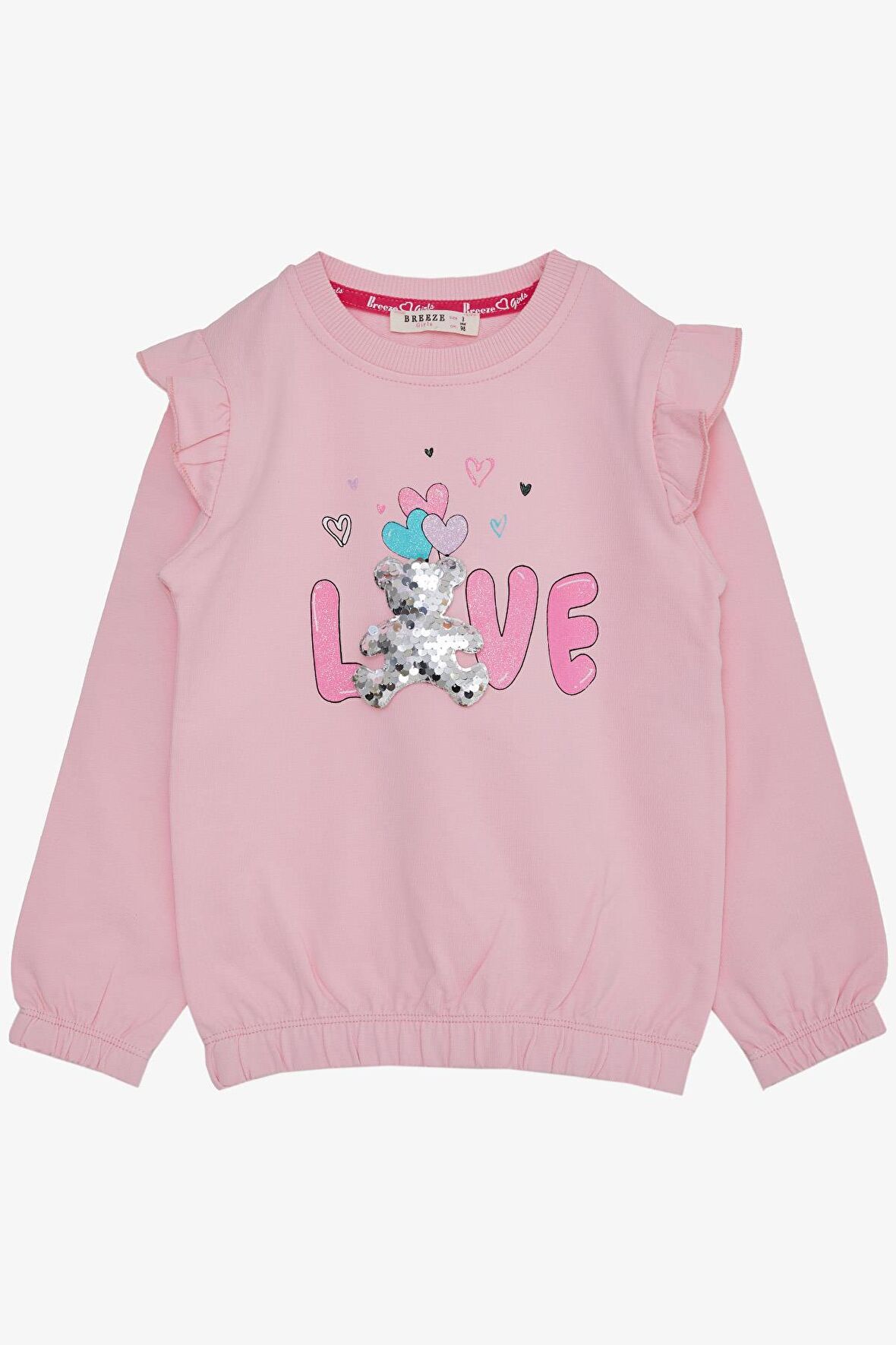 BREEZE Kız Çocuk Sweatshirt Pullu Ayıcık Aksesuarlı Simli Yazı Baskılı 1.5-5 Yaş, Pembe