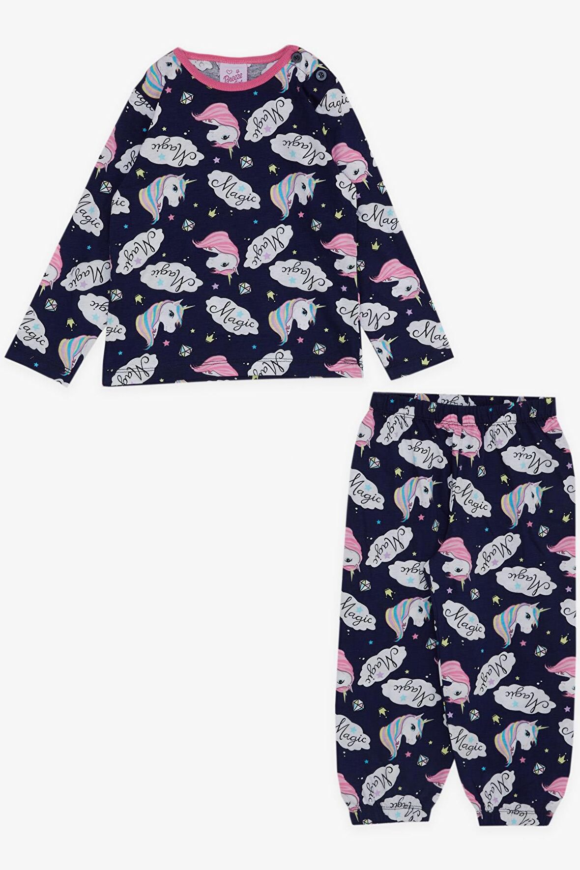 BREEZE Kız Bebek Pijama Takımı Unicorn Desenli 9 Ay-3 Yaş, Lacivert