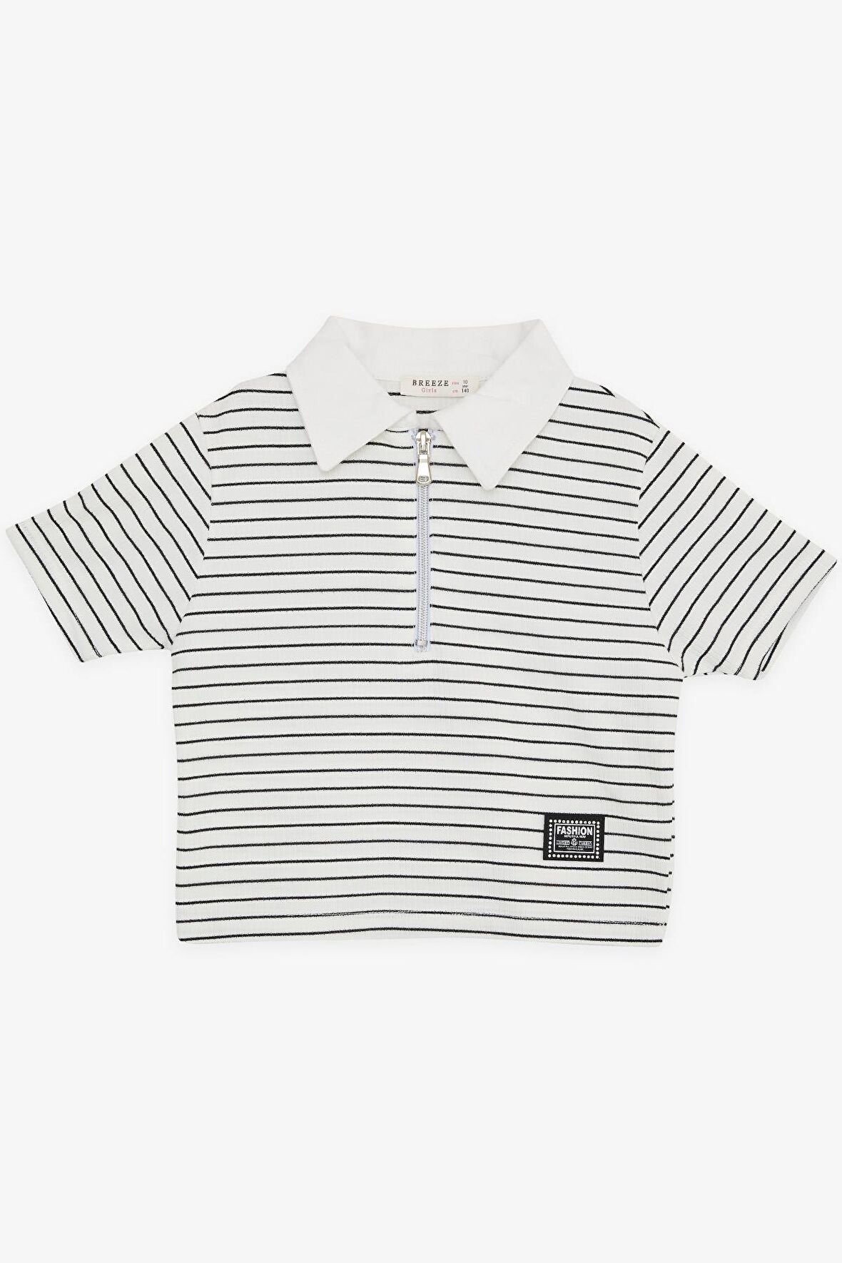 BREEZE Kız Çocuk Crop Tişört Fermuarlı Çizgili 9-14 Yaş, Ekru