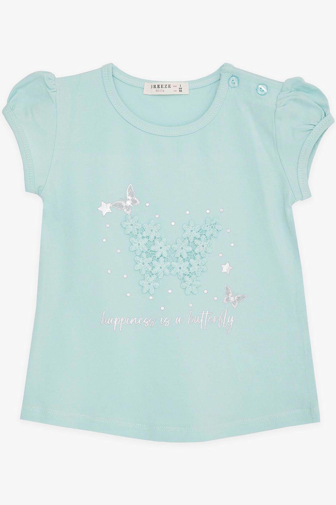 BREEZE Kız Bebek Tişört Kelebek Baskılı Nakışlı 9 Ay-3 Yaş, Su Yeşili