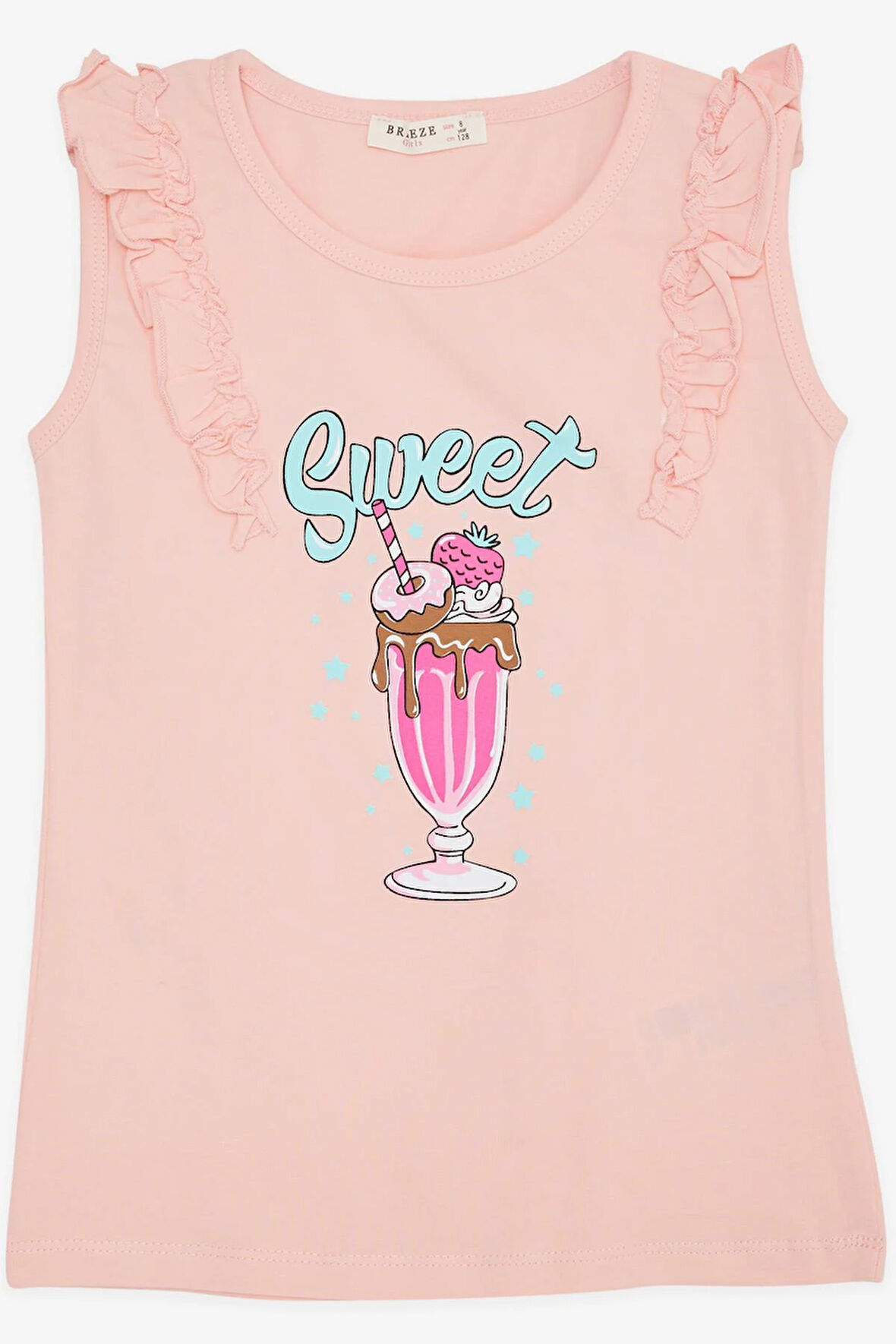 Breeze Kız Çocuk Tişört Omzu Fırfırlı Dondurma Baskılı 4-8 Yaş, Somon