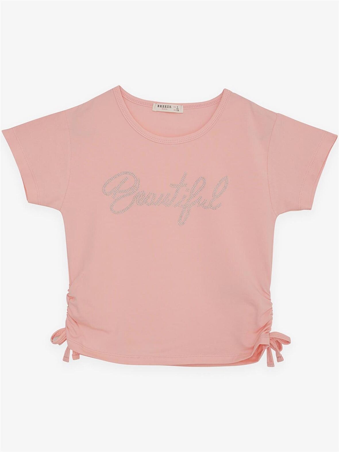BREEZE Kız Çocuk Crop Tişört Taşlı Yazı Baskılı Yanları Büzgülü Fiyonklu 8-14 Yaş, Somon