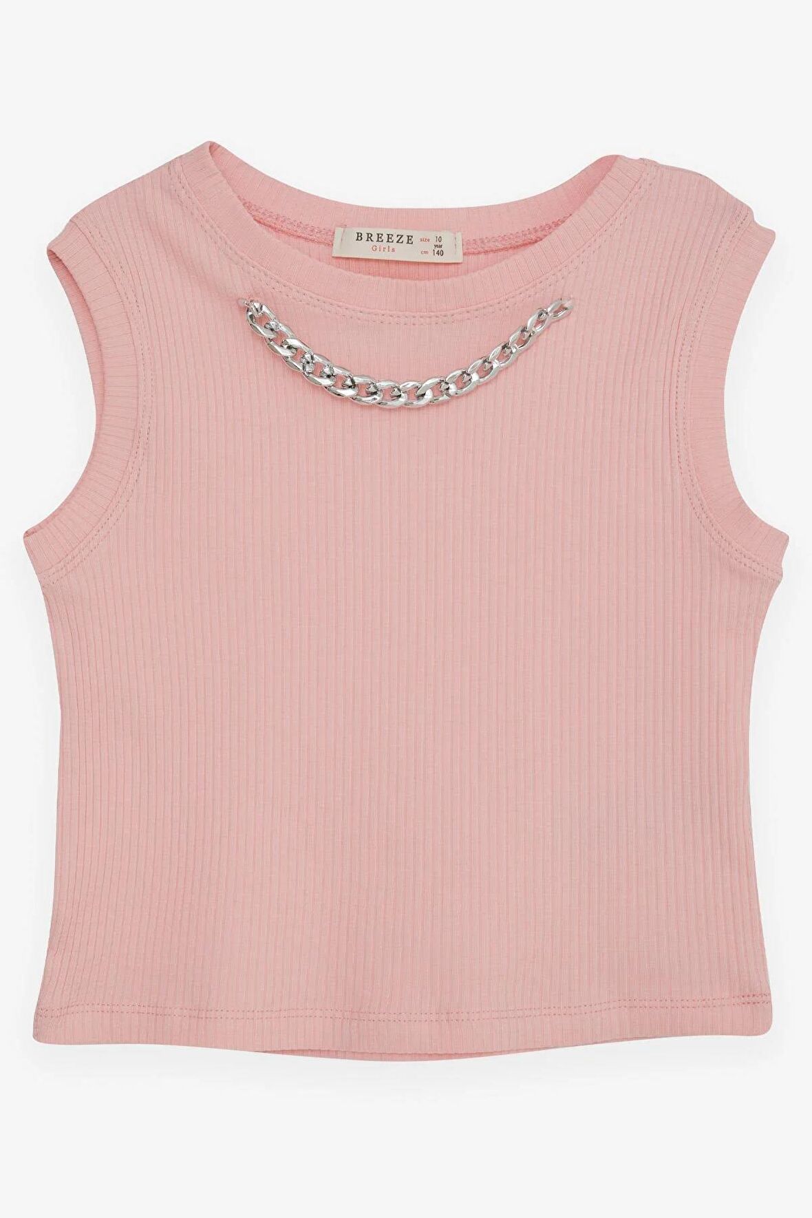 BREEZE Kız Çocuk Crop Tişört Zincir Aksesuarlı 9-14 Yaş, Somon