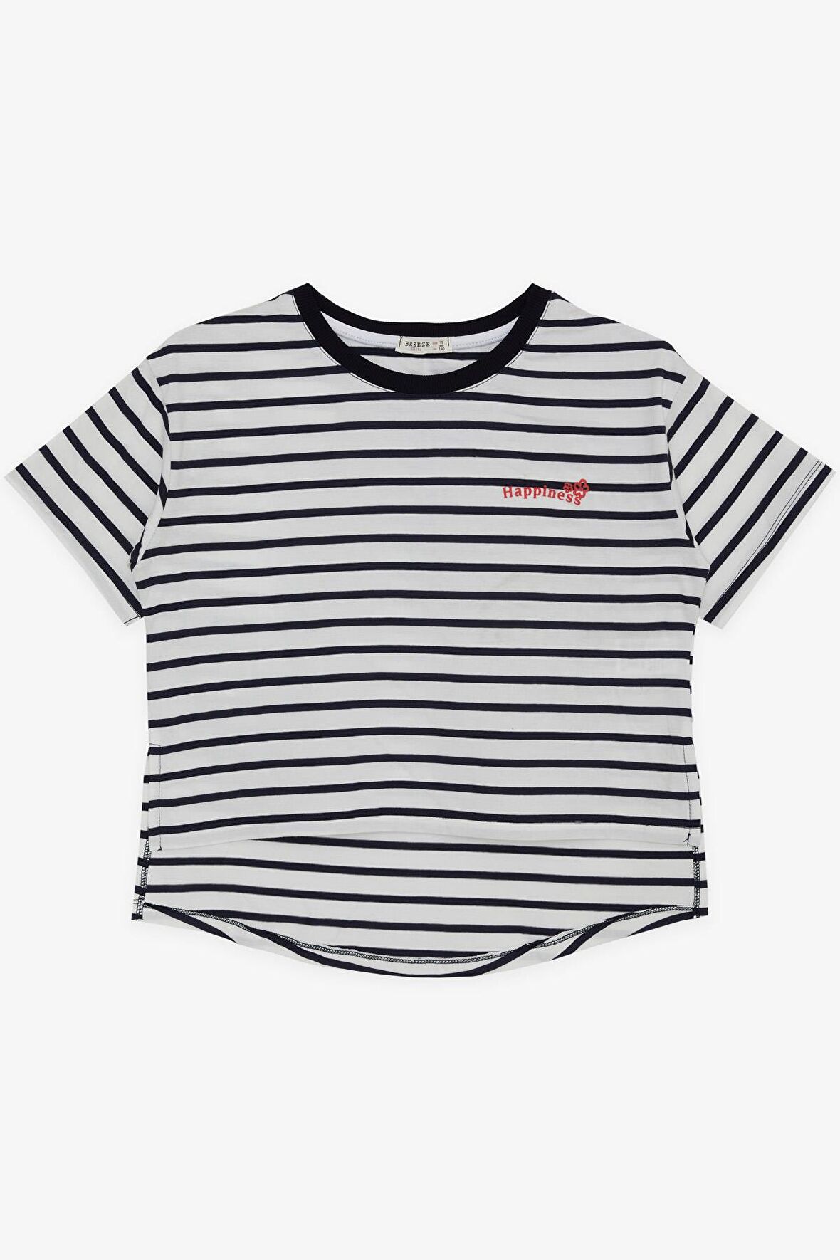 Breeze Kız Çocuk Tişört Yazı Baskılı Önü Kısa Çizgili 9-16 Yaş, Beyaz