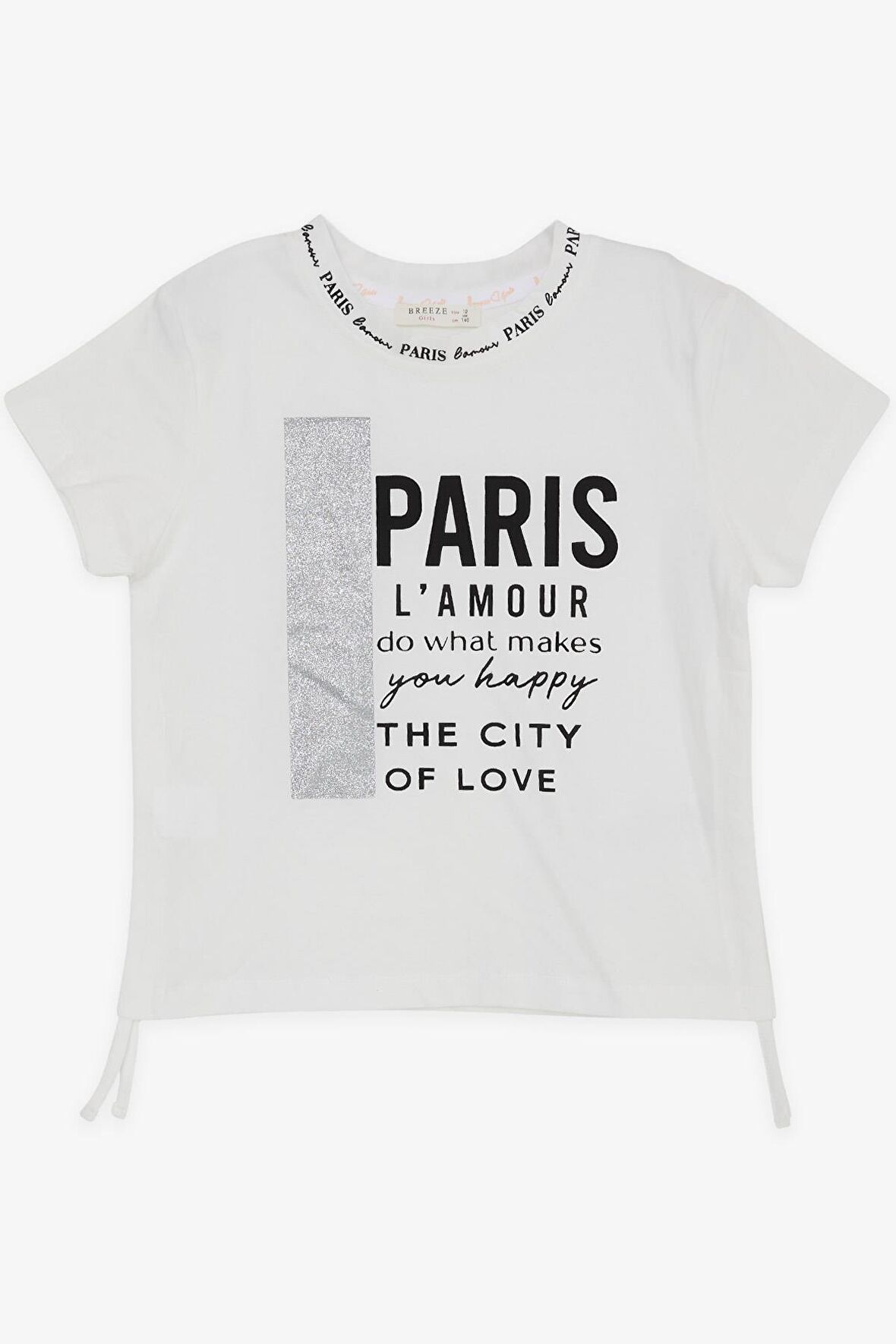 Breeze Kız Çocuk Tişört Yazı Baskılı Simli Yanları Büzgülü 9-14 Yaş, Ekru